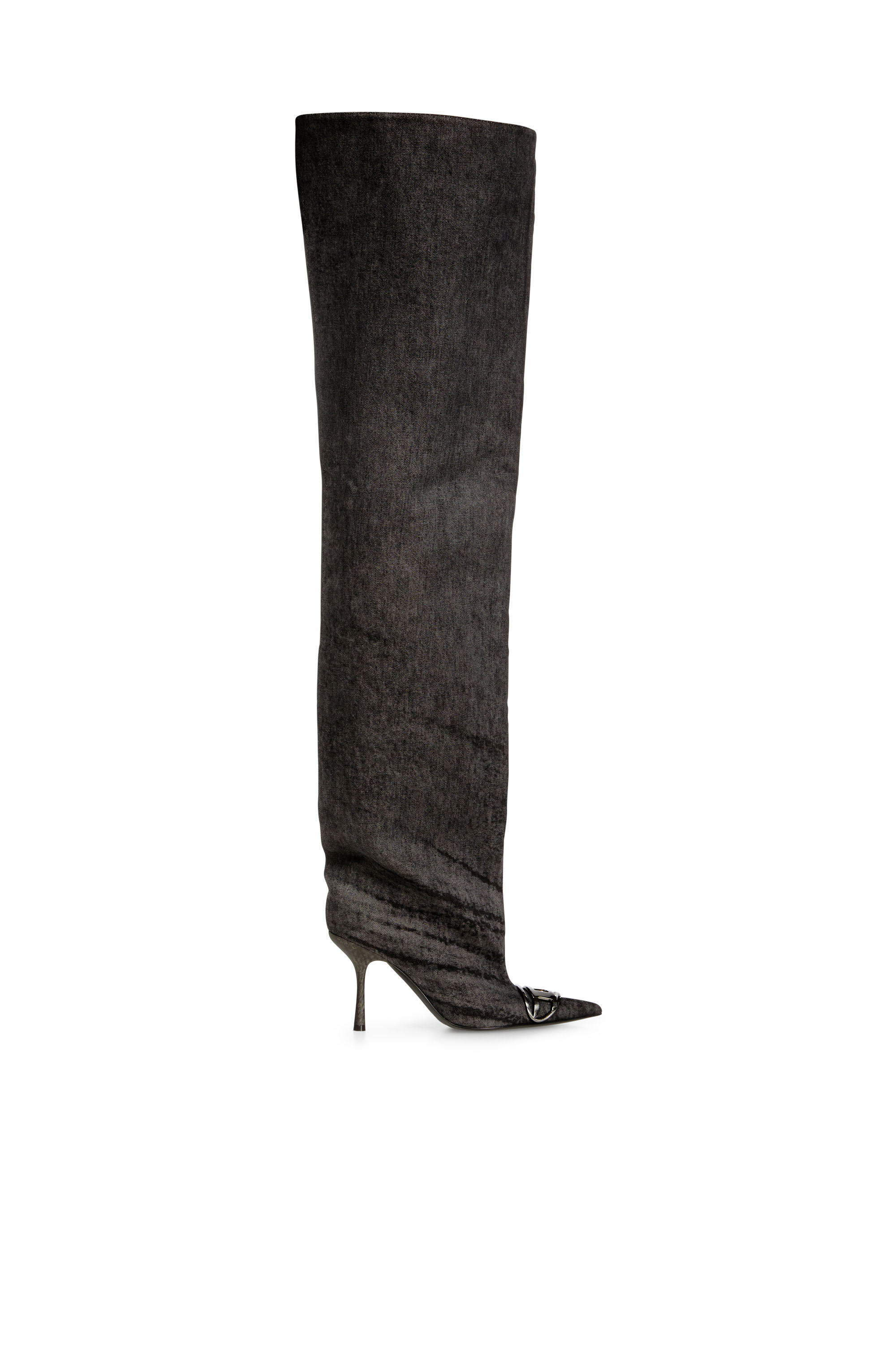 Diesel - D-VENUS 90 OTK BOOT, Cuissardes en denim enduit Femme in Noir - 1