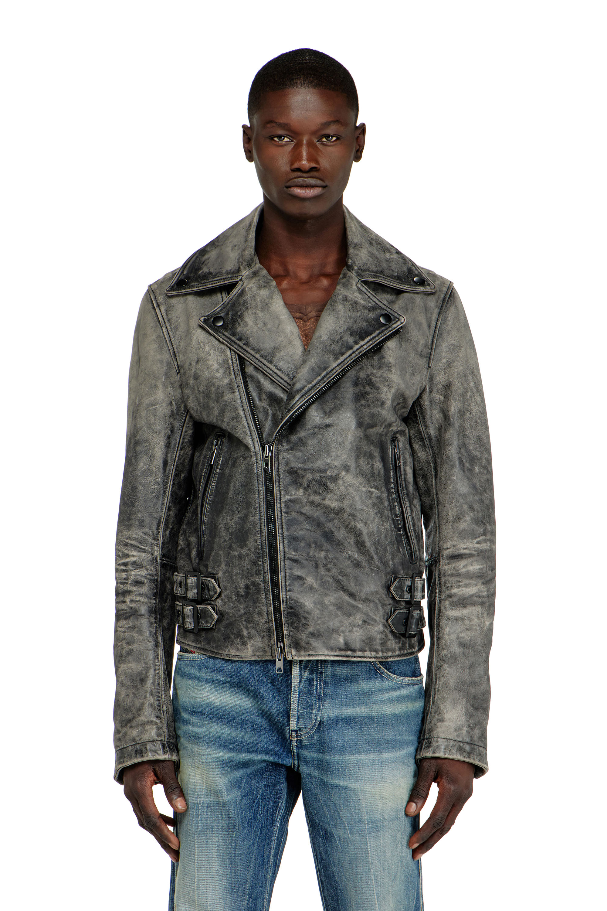 Diesel - L-EON-CJCM, Veste biker en cuir trait&eacute; Homme in Gris - 1