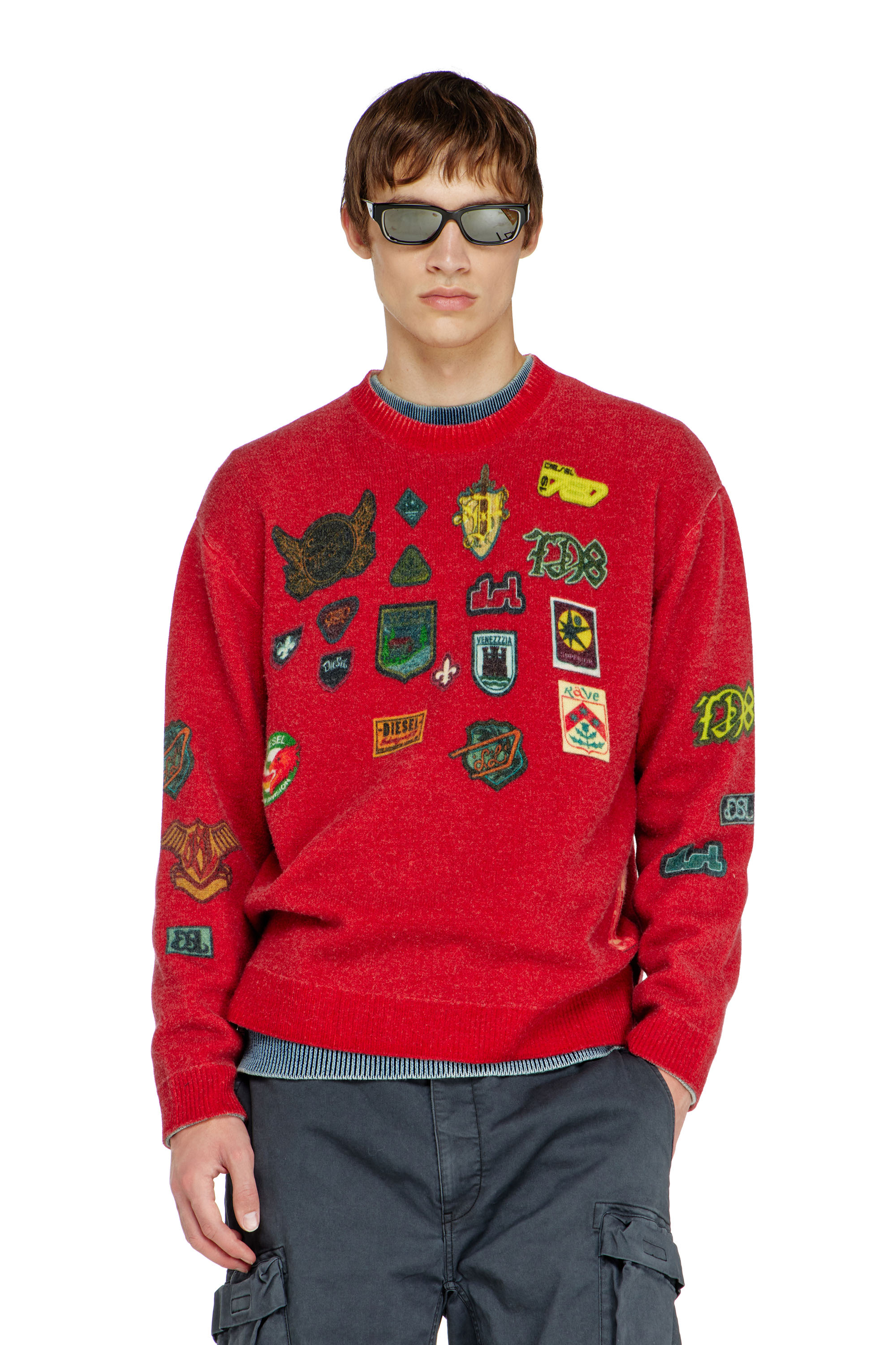 Diesel - K-PATCY, Pull en laine avec patchs imprim&eacute;s Homme in Rouge - 1