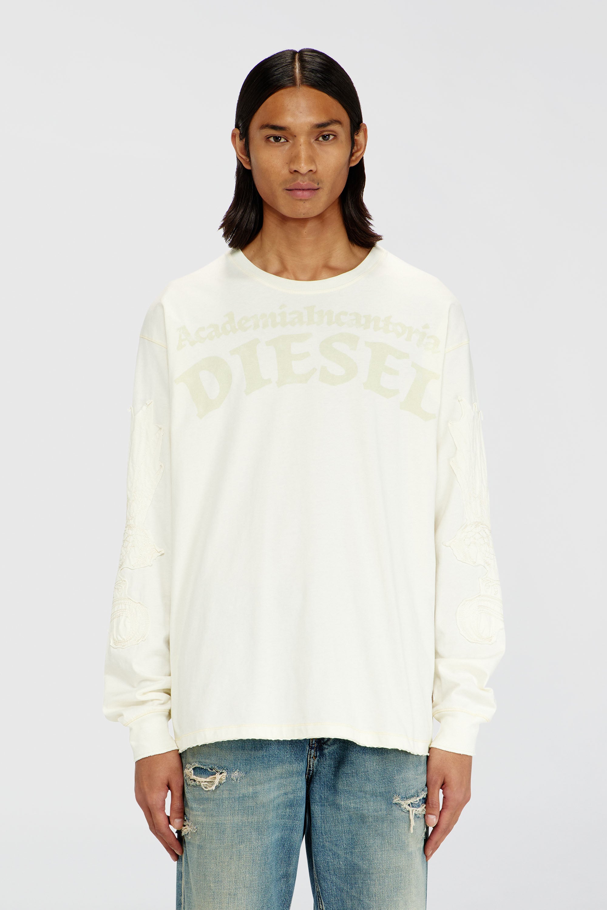 Diesel - T-NORM-LS-AA3, T-shirt manches longues avec imprim&eacute;s et patchs Homme in Blanc - 1