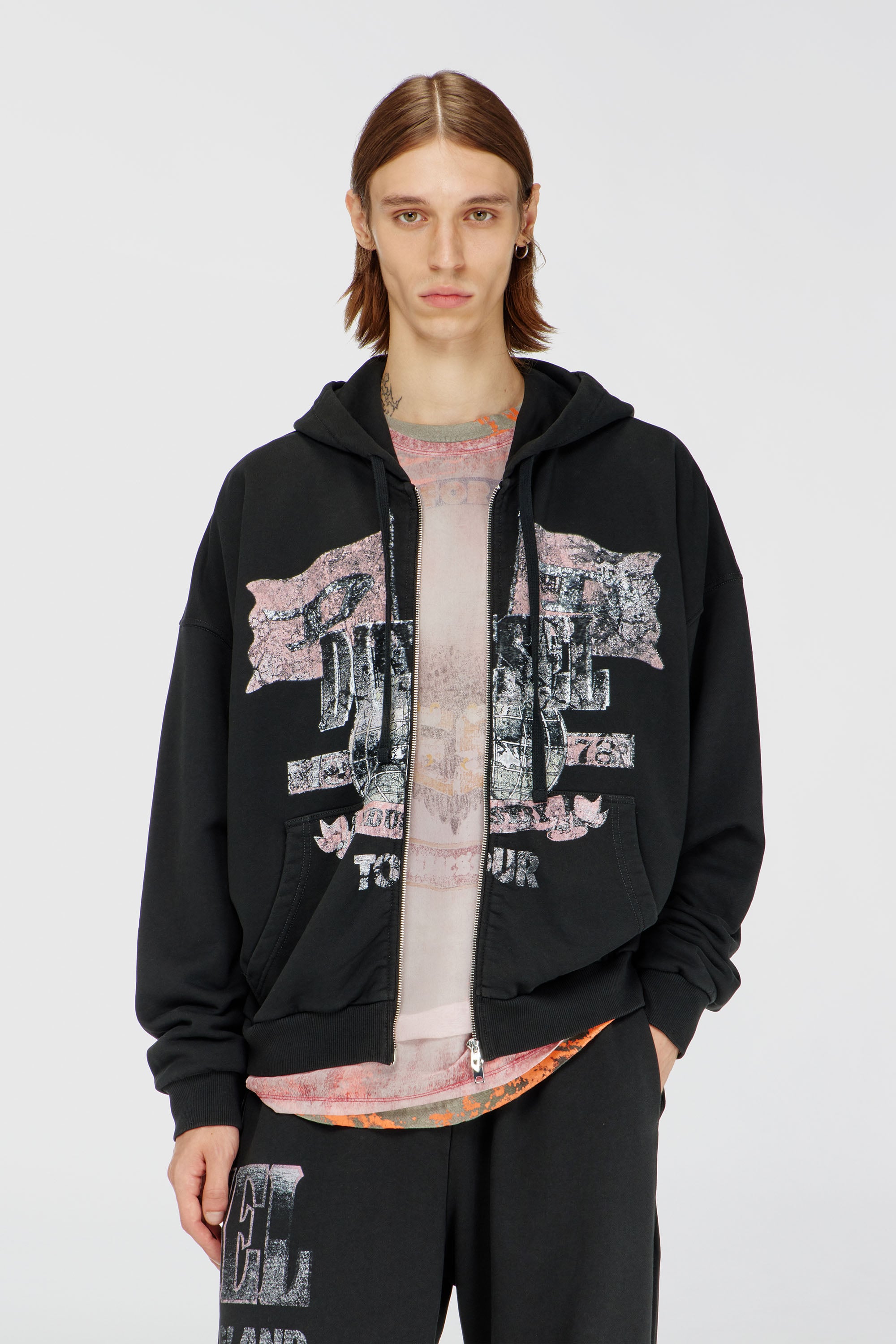 Diesel - S-WILL-ZIP, Sweat &agrave; capuche zipp&eacute; avec motifs concert Homme in Noir - 1