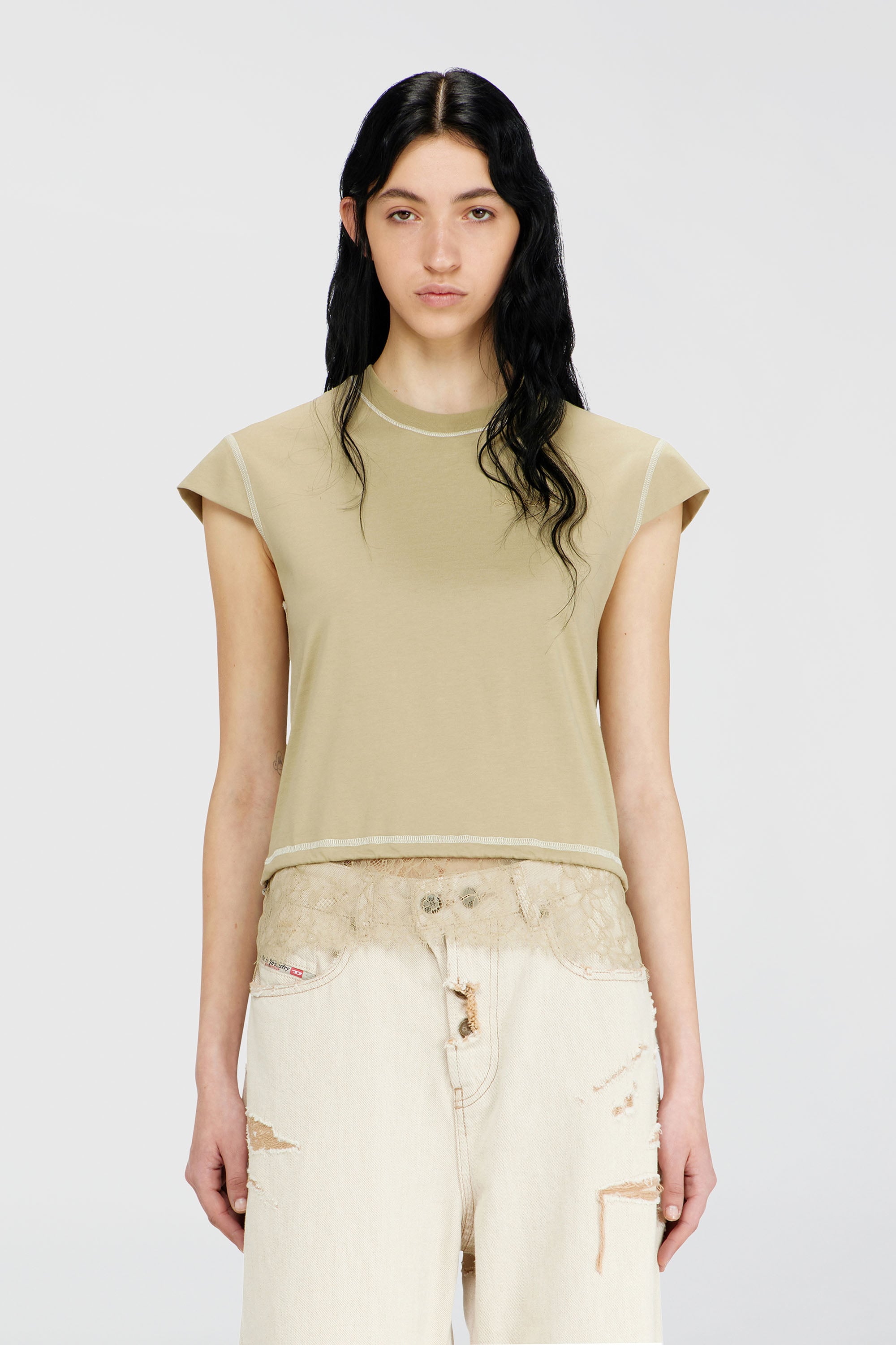 Diesel - T-LUNA, T-shirt en jersey avec ourlet en dentelle Femme in Beige - 1