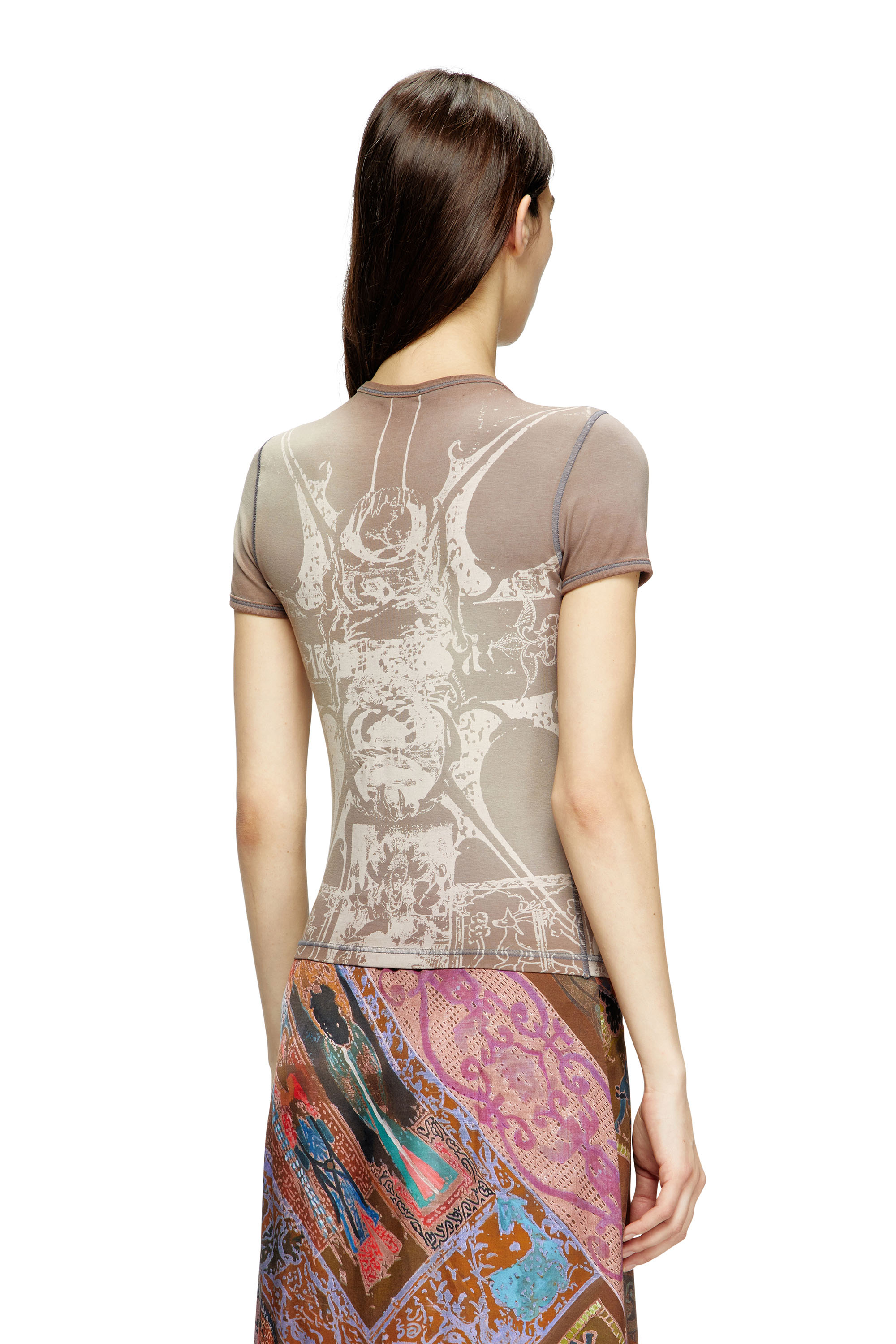 Diesel - T-UNCUTIES-LONG-R6, T-shirt avec imprimé métallisé Femme in Marron - 4
