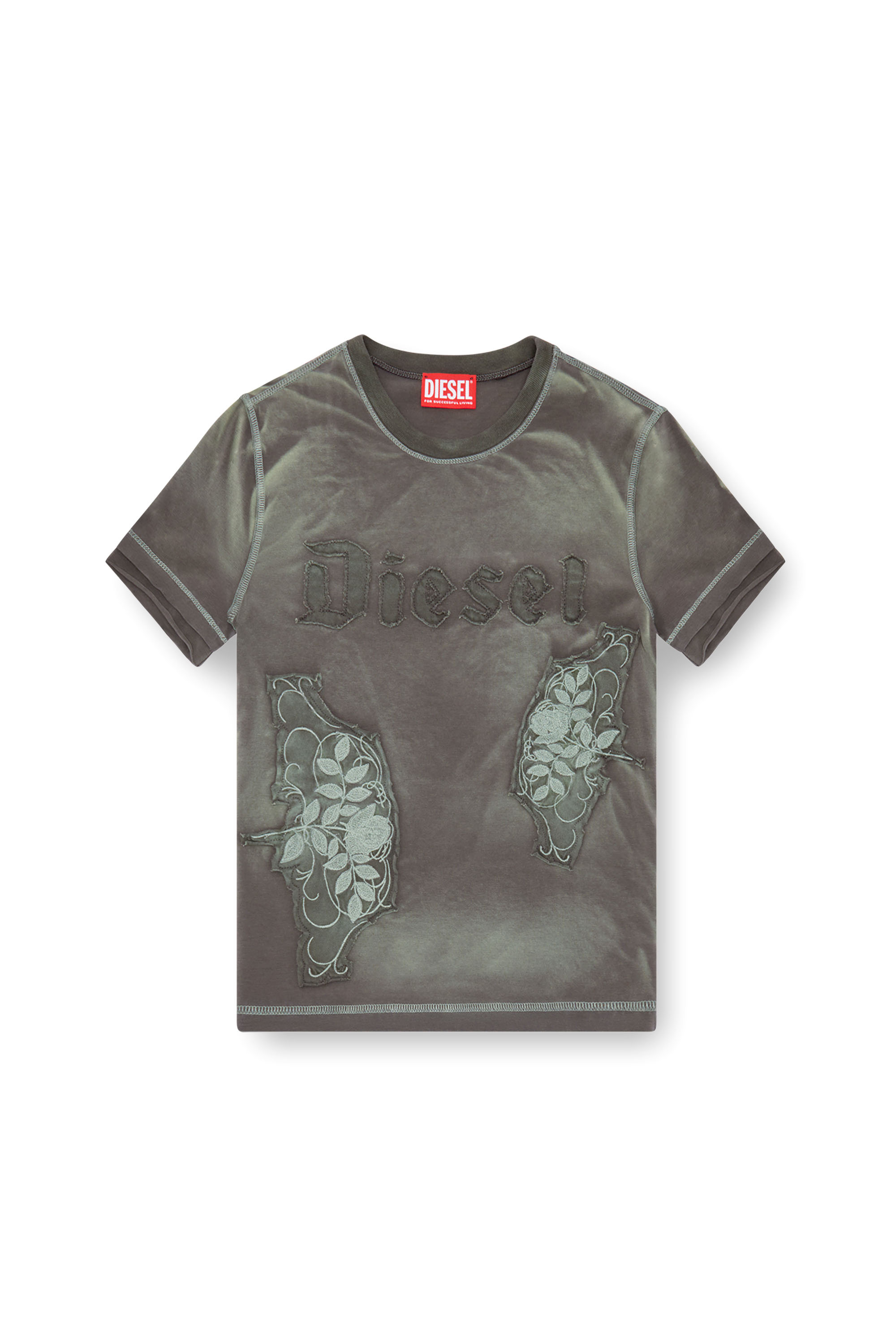 Diesel - T-UNCUT, Femme T-shirt avec empiècements fleuris brodés in Vert - Image 3
