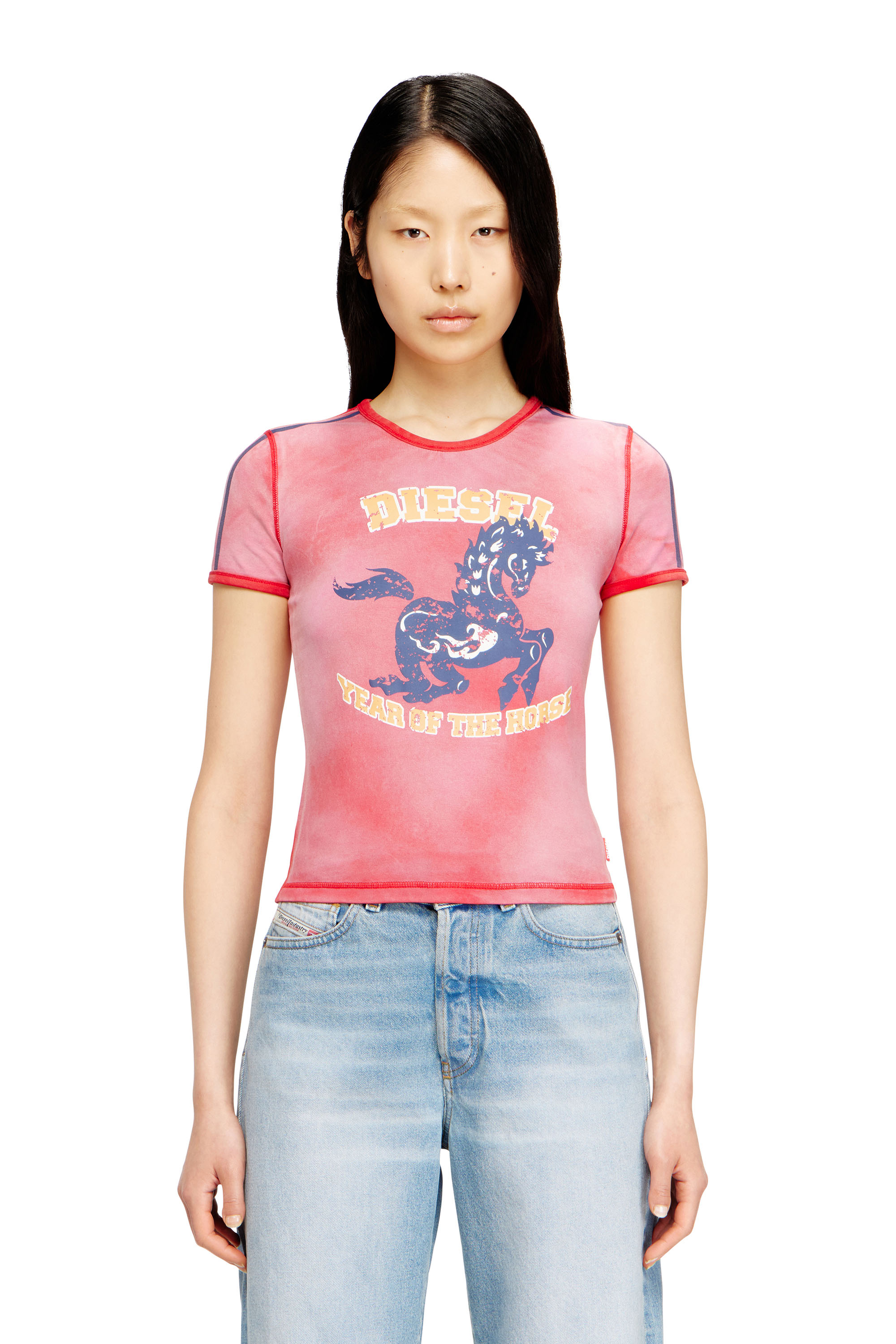 Diesel - CL-T-UNCUTIE-HORSE, T-shirt en coton stretch avec imprim&eacute; graphique cheval Femme in Rouge - 1