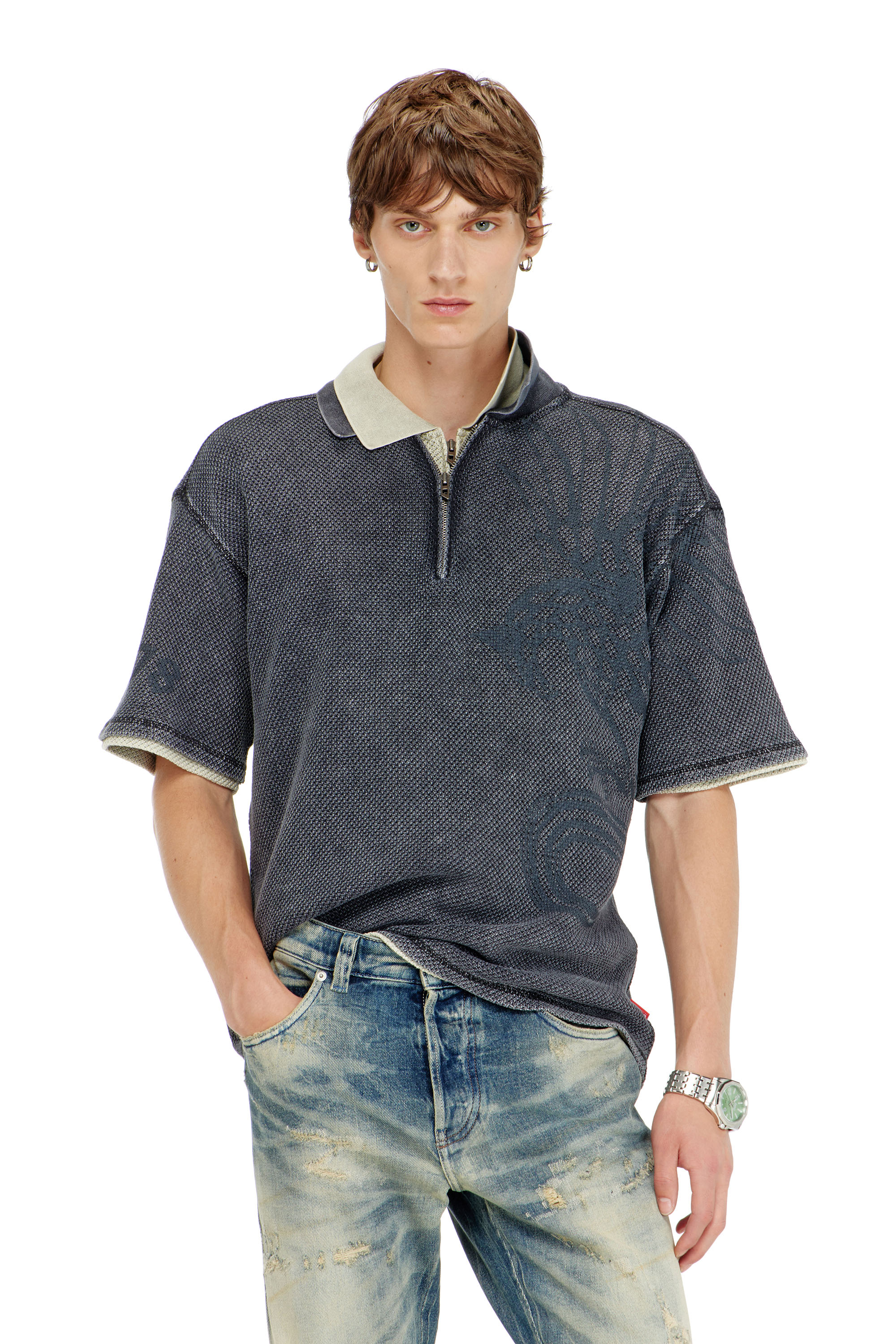 Diesel - T-ERRY-ZIP, Polo en mesh jacquard avec imprim&eacute; Phoenix Homme in Gris - 3