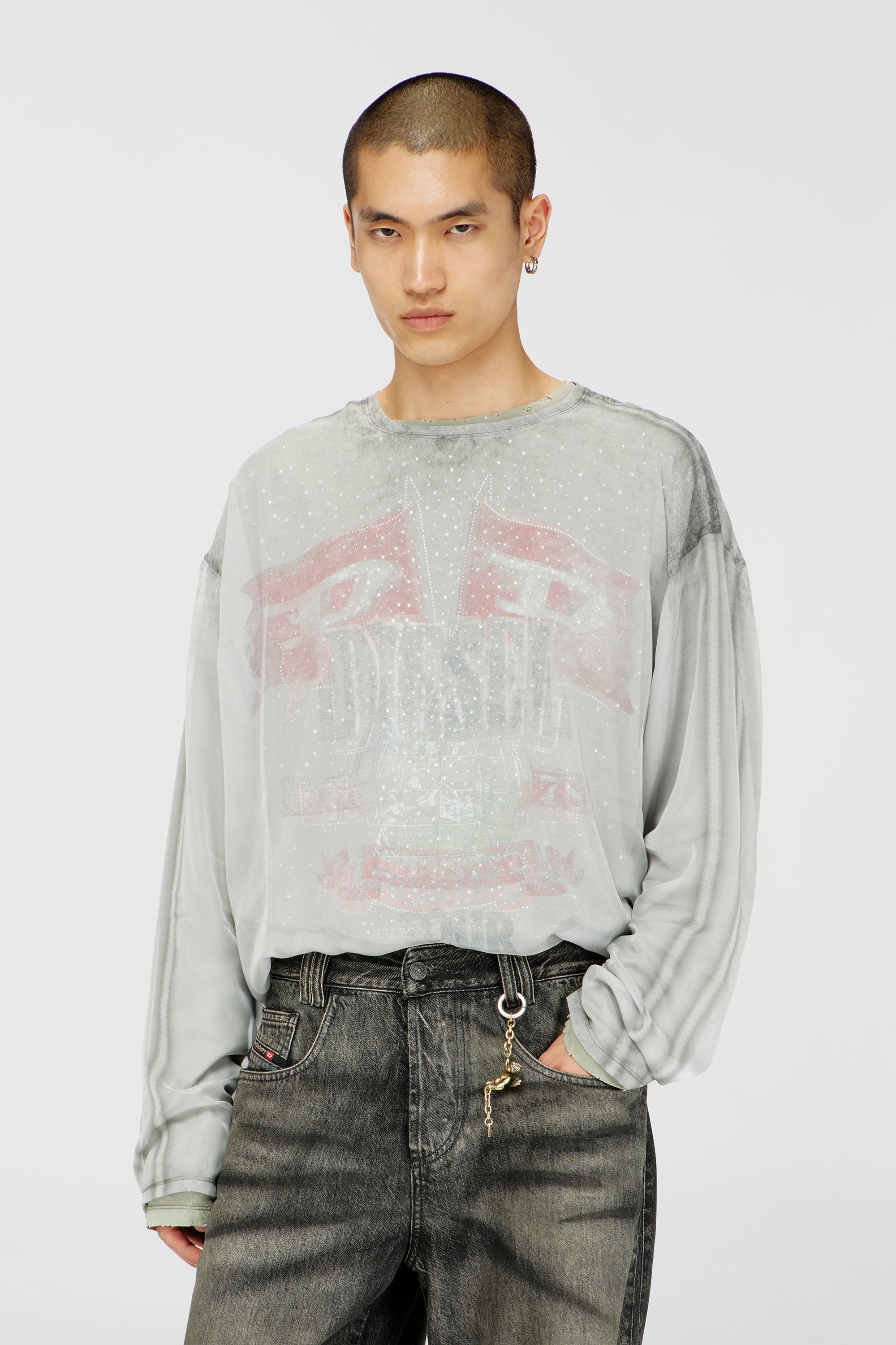 Diesel - T-DOUBLEX-LS, Top en chiffon transparent avec motif concert Homme in Gris - 1