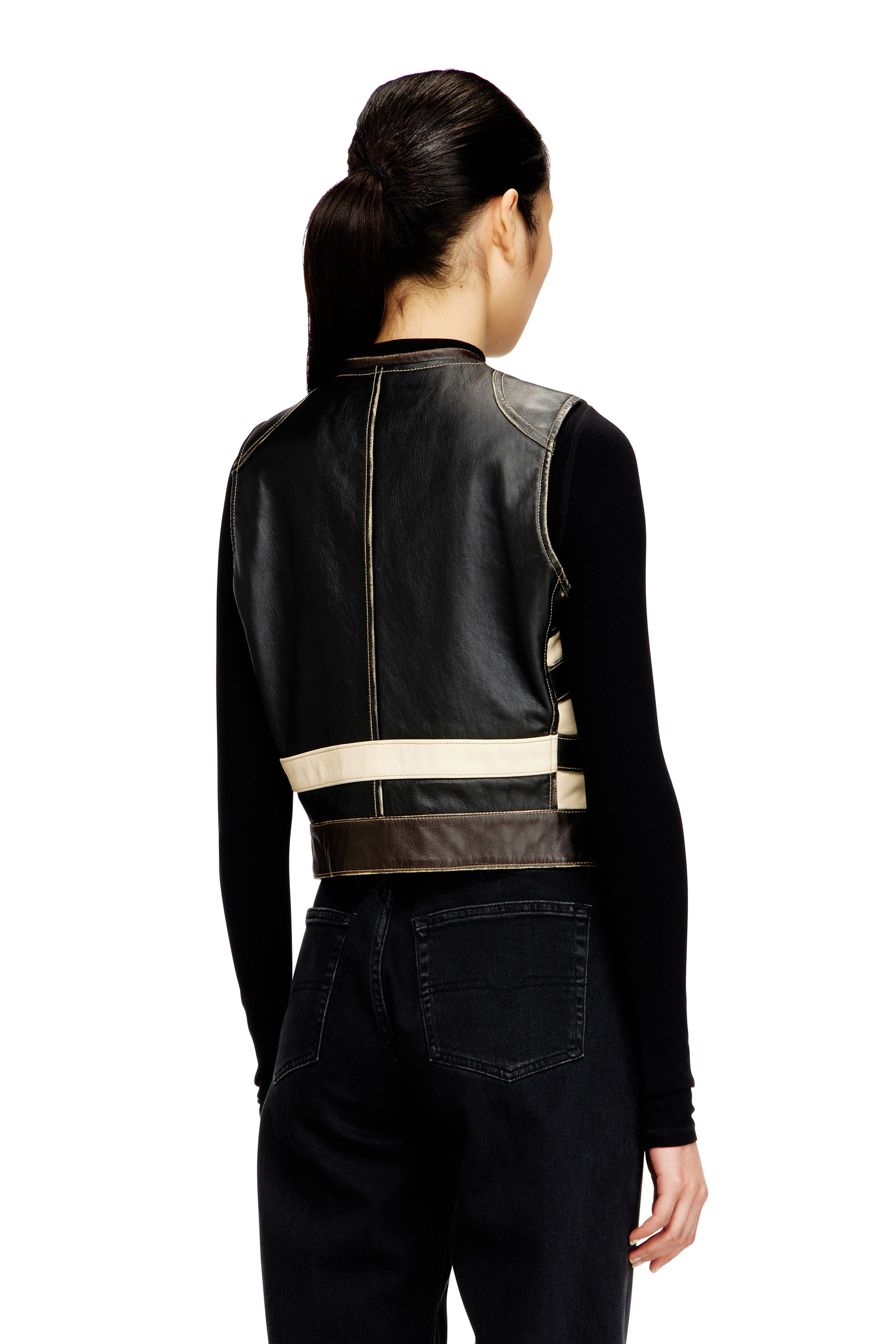 Diesel - L-FLYCOU-20TH, Gilet en cuir avec logo sur le devant et bandes contrast&eacute;es Femme in Polychrome - 4
