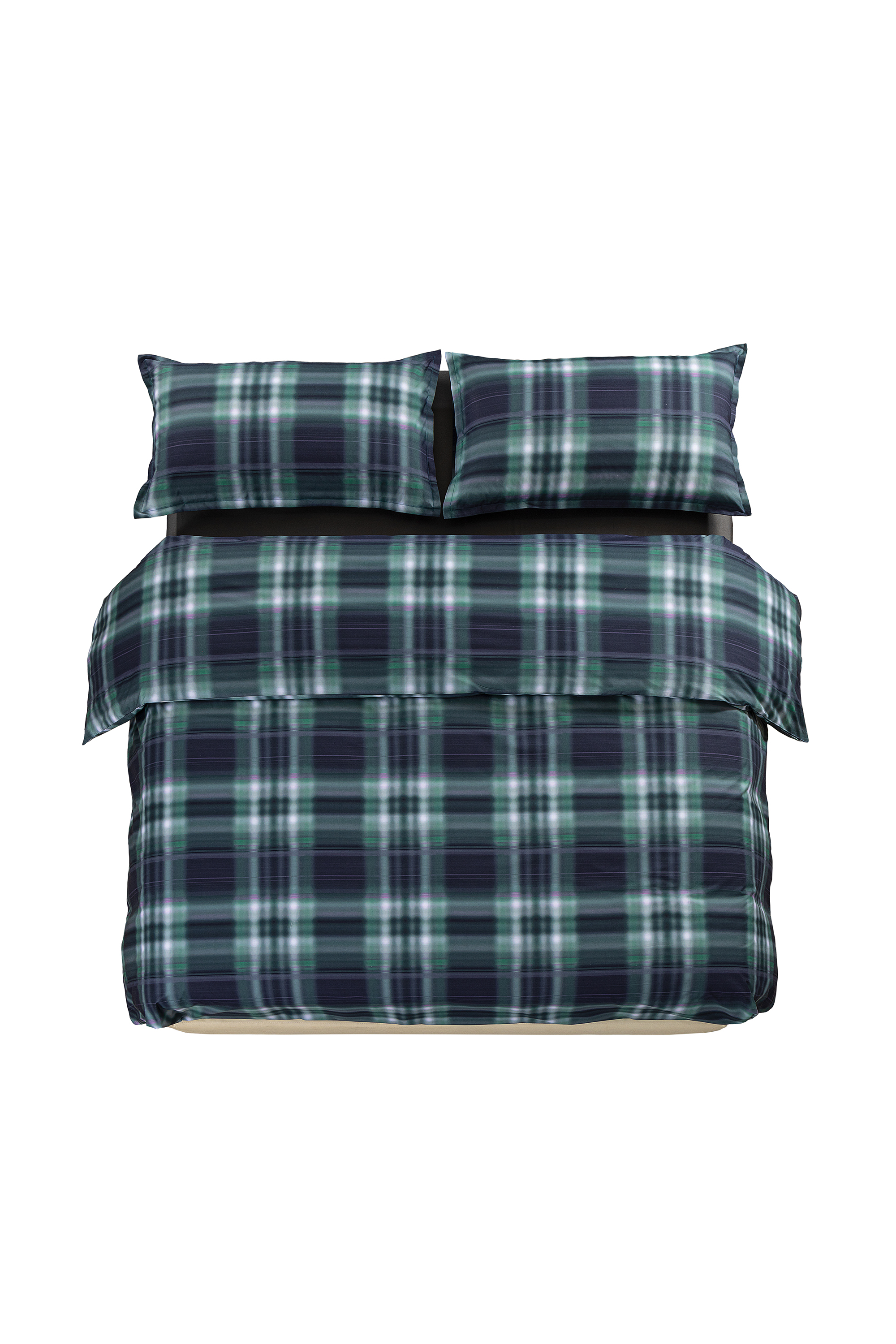 1016334 HAZY TARTAN BLUE DUVET COVER SET, Bleu/Vert