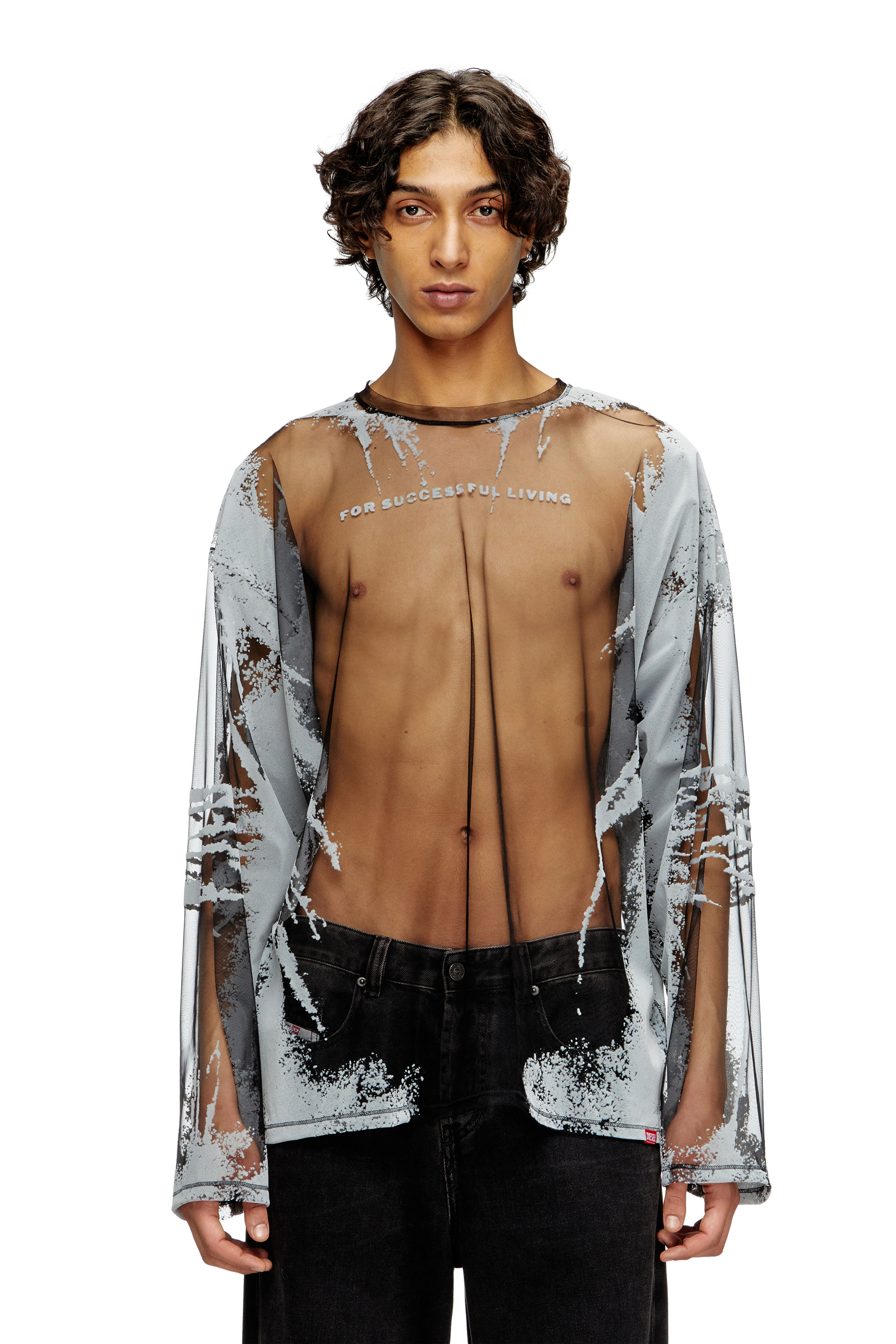 Diesel - T-HASSAN-LS-A, T-shirt en nylon à manches longues avec imprimé paroles Mixte in Noir - 3