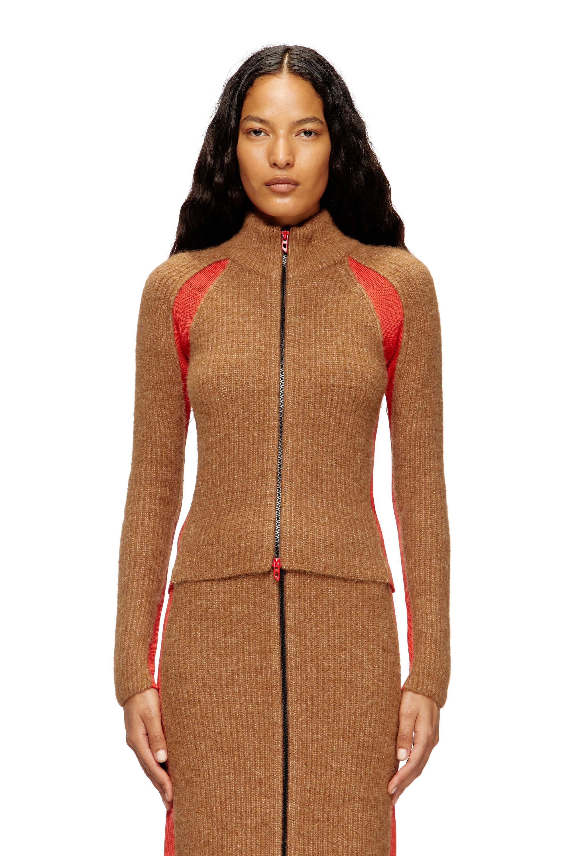 Diesel - M-LOUISE, Cardigan en mélange d'alpaga avec inserts contrastants Femme in Marron - 1