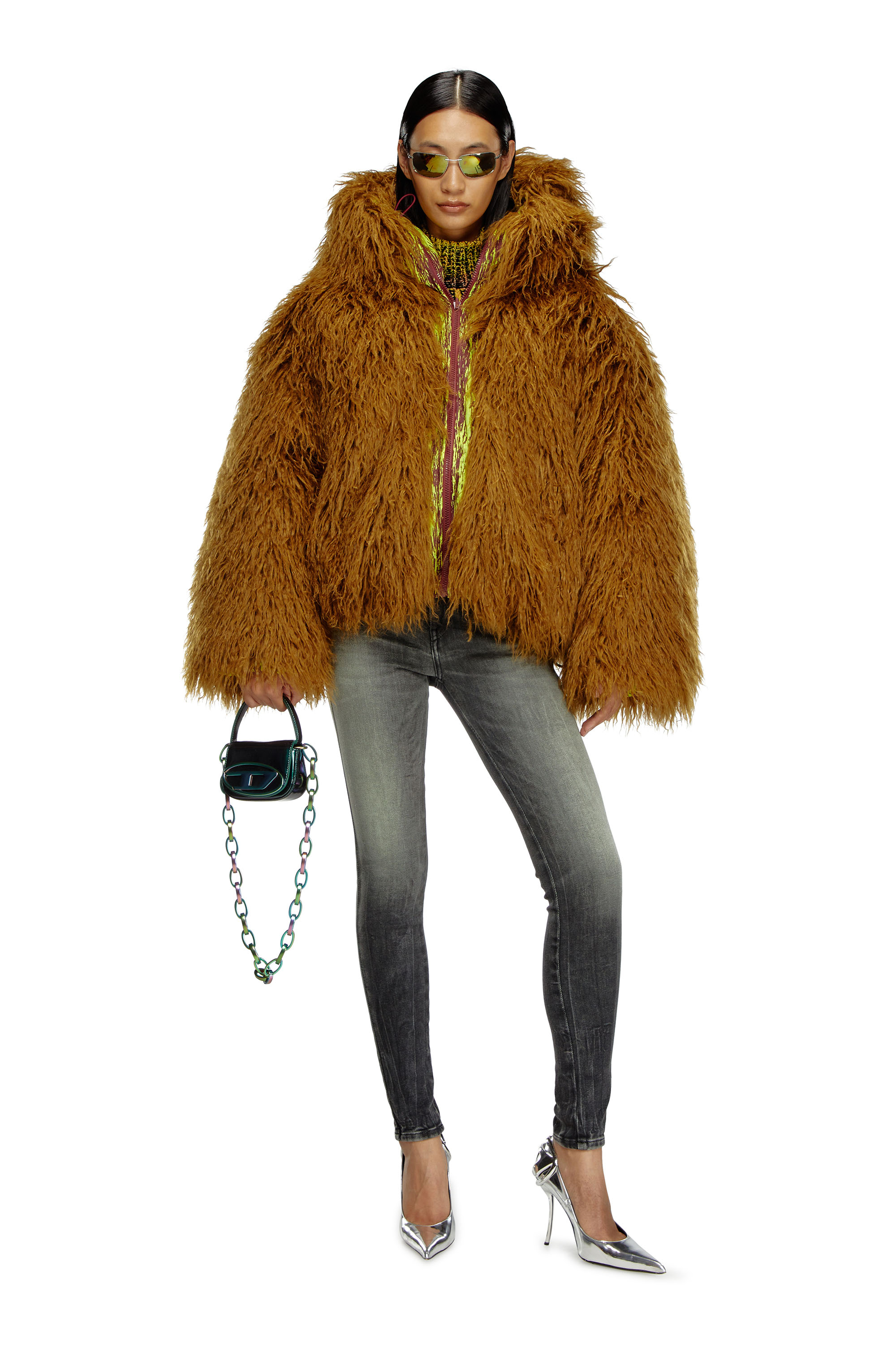 Diesel - W-ASABI, Woman's Reversible devoré and shaggy hair jacket in Brown - 2