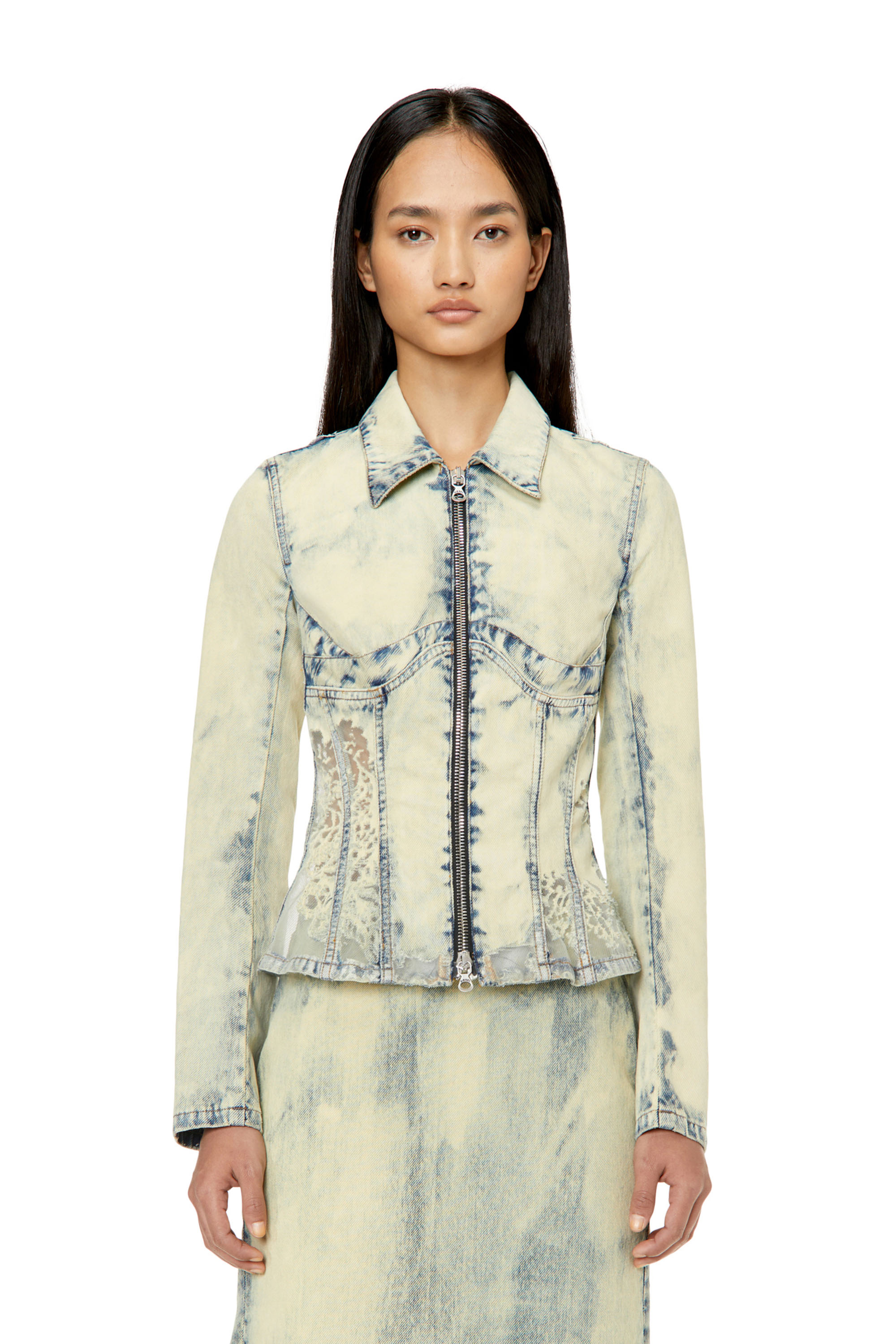 Diesel - DE-MILLY-FSC, Veste trucker slim fit effet dentelle Femme in Bleu - 3