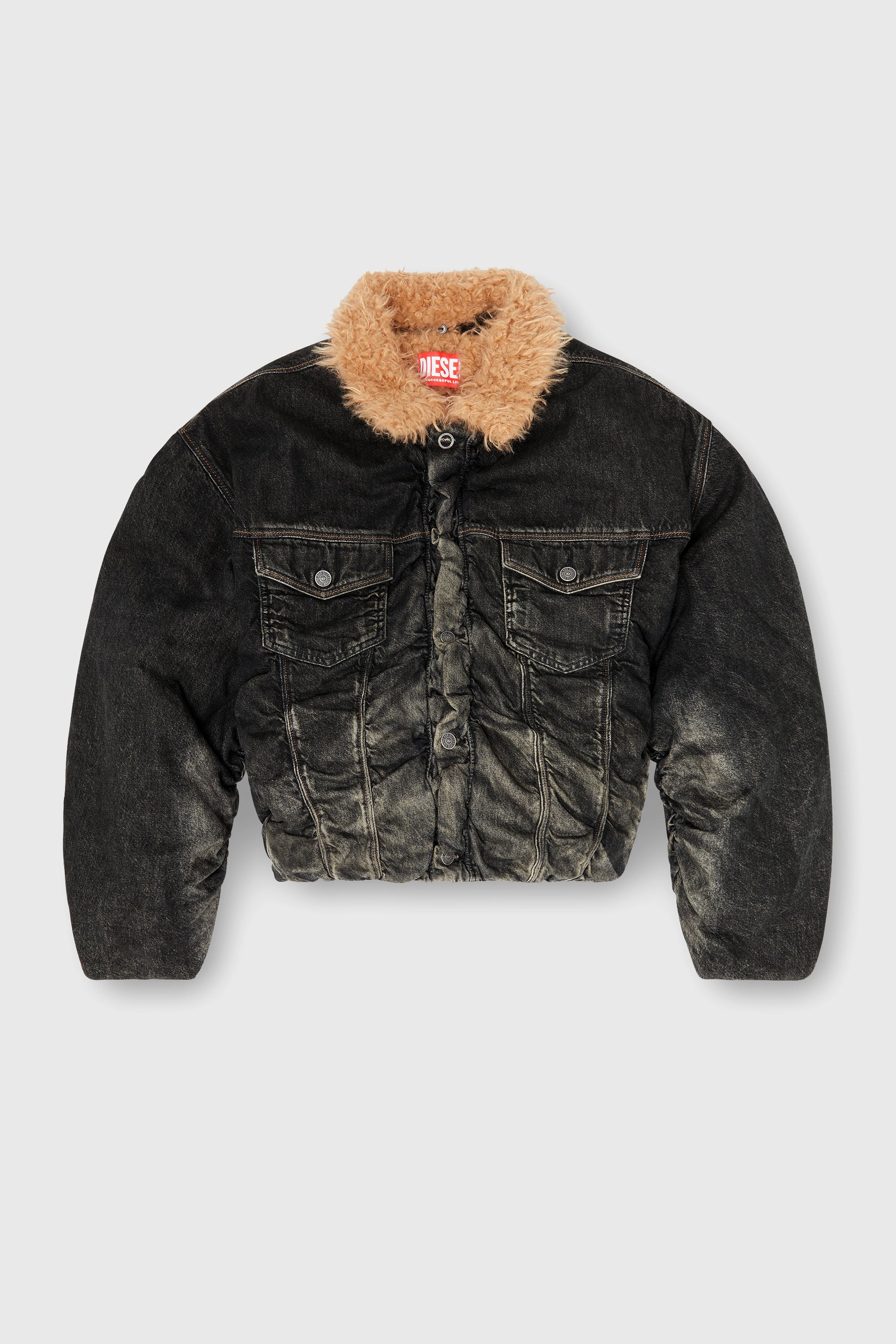 Diesel - D-CURLY-FSJ, Veste trucker en denim effet us&eacute; doubl&eacute;e teddy Mixte in Noir - 2