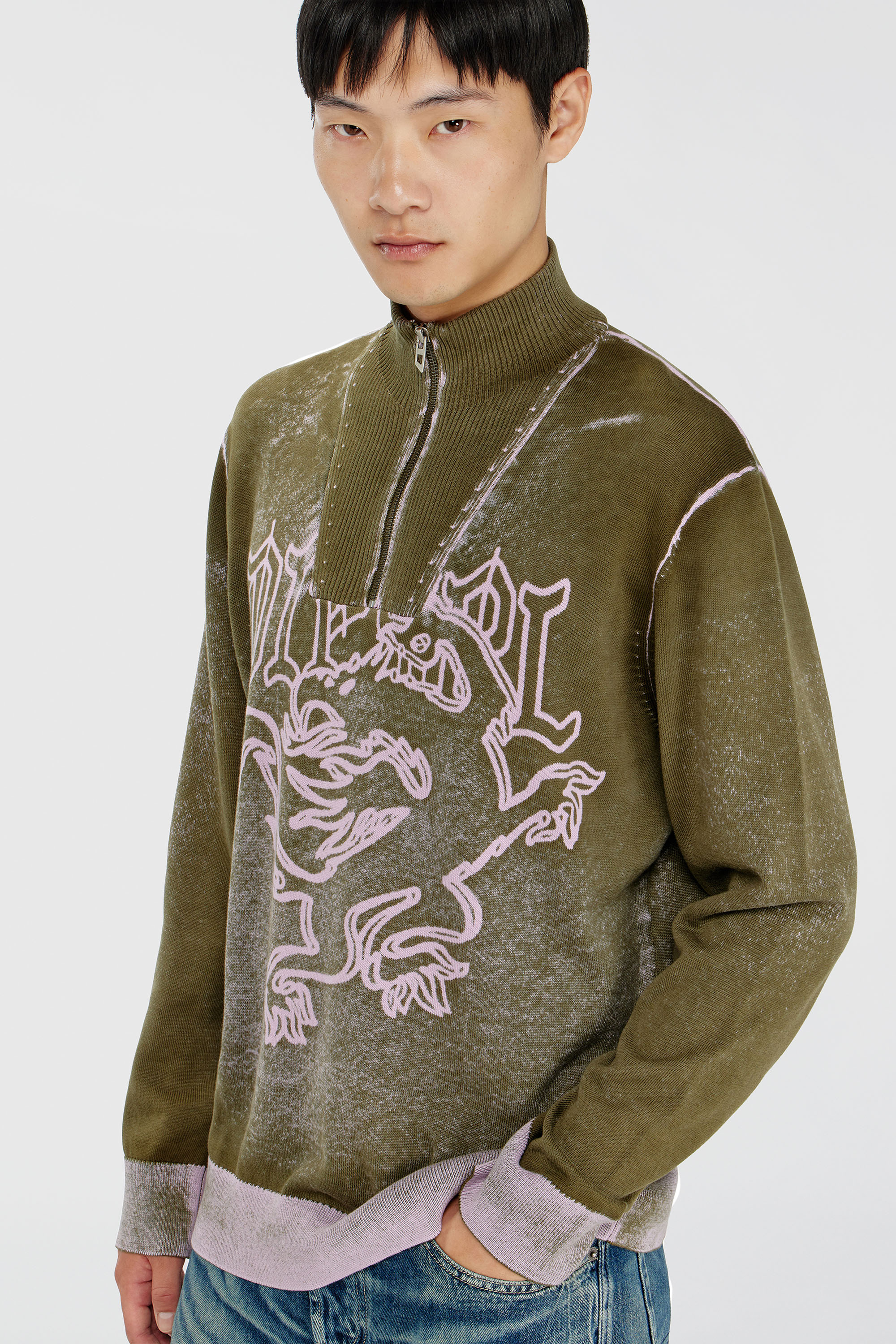 Diesel - K-LAUTARE, Pull-over zipp&eacute; trait&eacute; avec motif griffin Homme in Vert - 5
