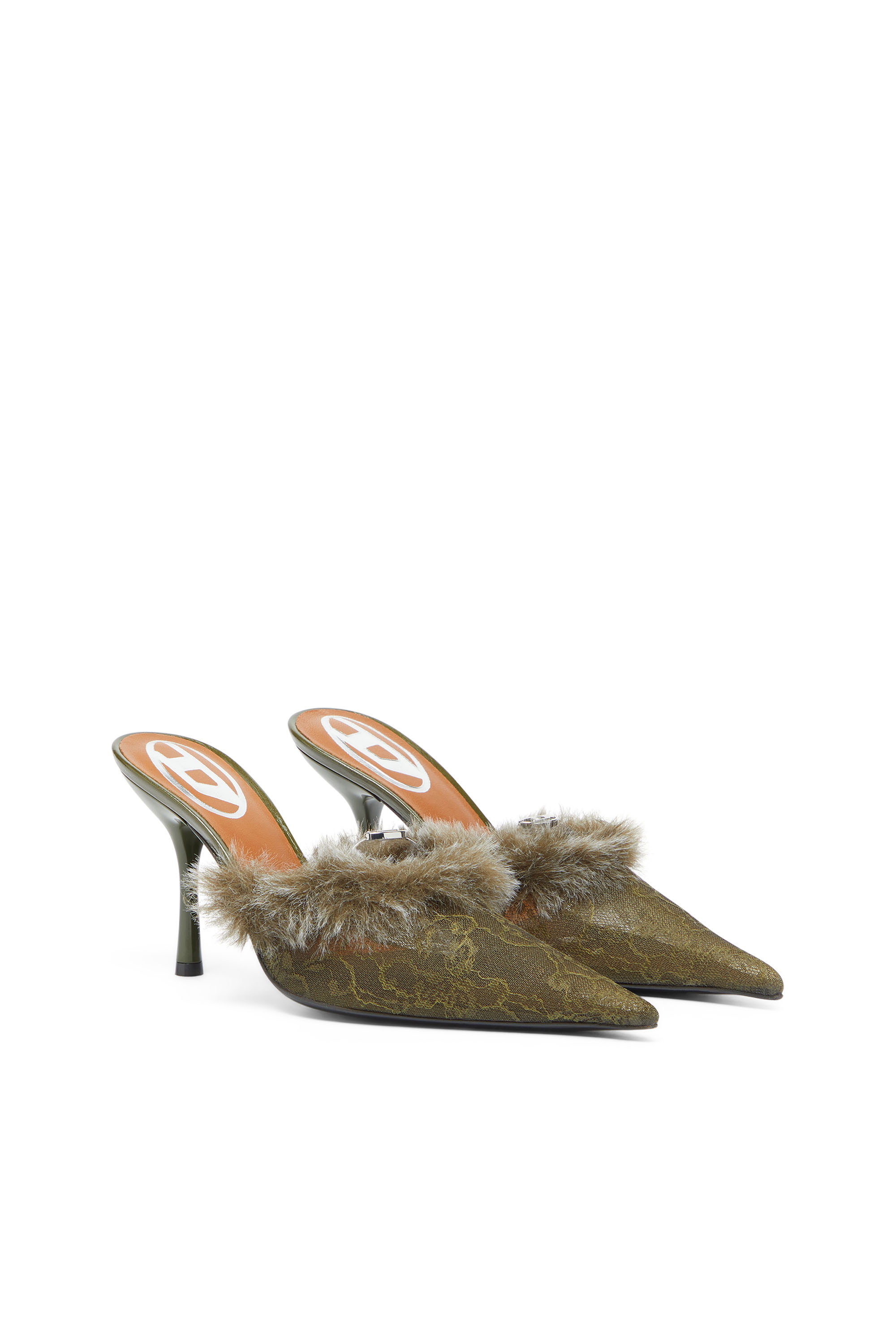 Diesel - D-JEWELS  MULE FUR 90, D-Ten&Half - Mules en nylon avec bordure duveteuse Femme in Vert - 2