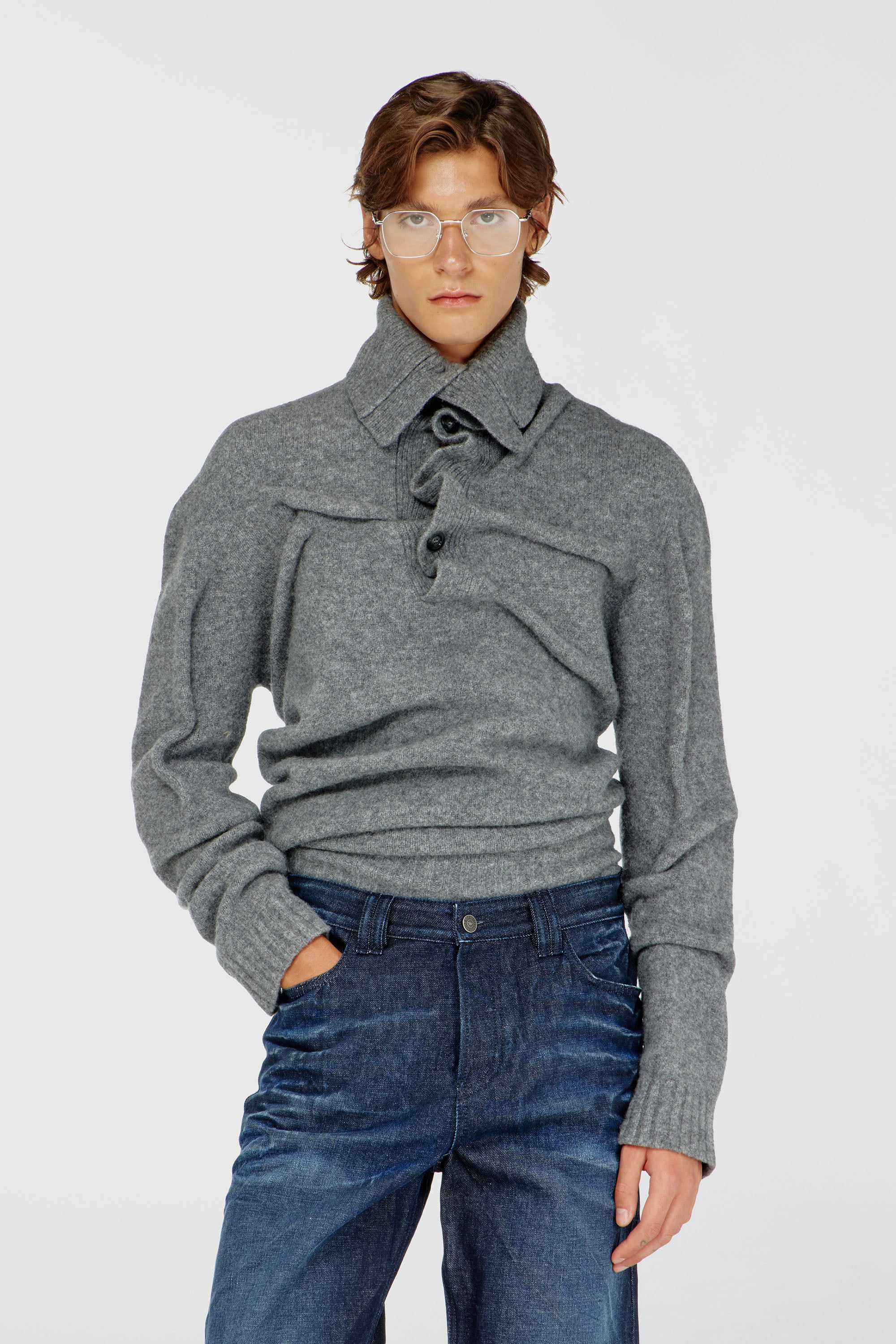 Diesel - K-ANDREW, Pull col boutonnage en maille bouillie froiss&eacute;e Homme in ToBeDefined - 1