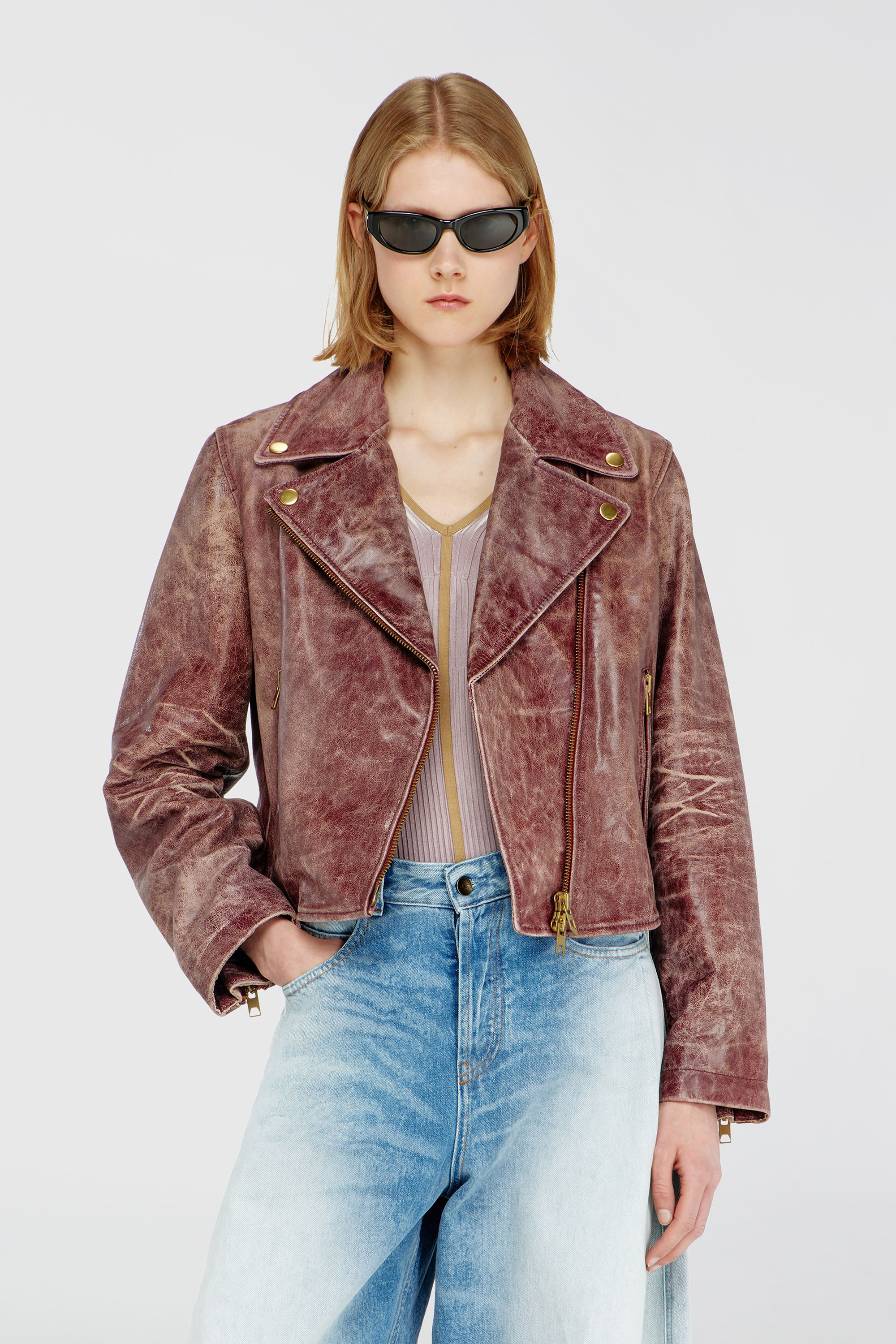 Diesel - L-UNATIC-T1, Veste biker en cuir trait&eacute; Femme in Rouge - 3