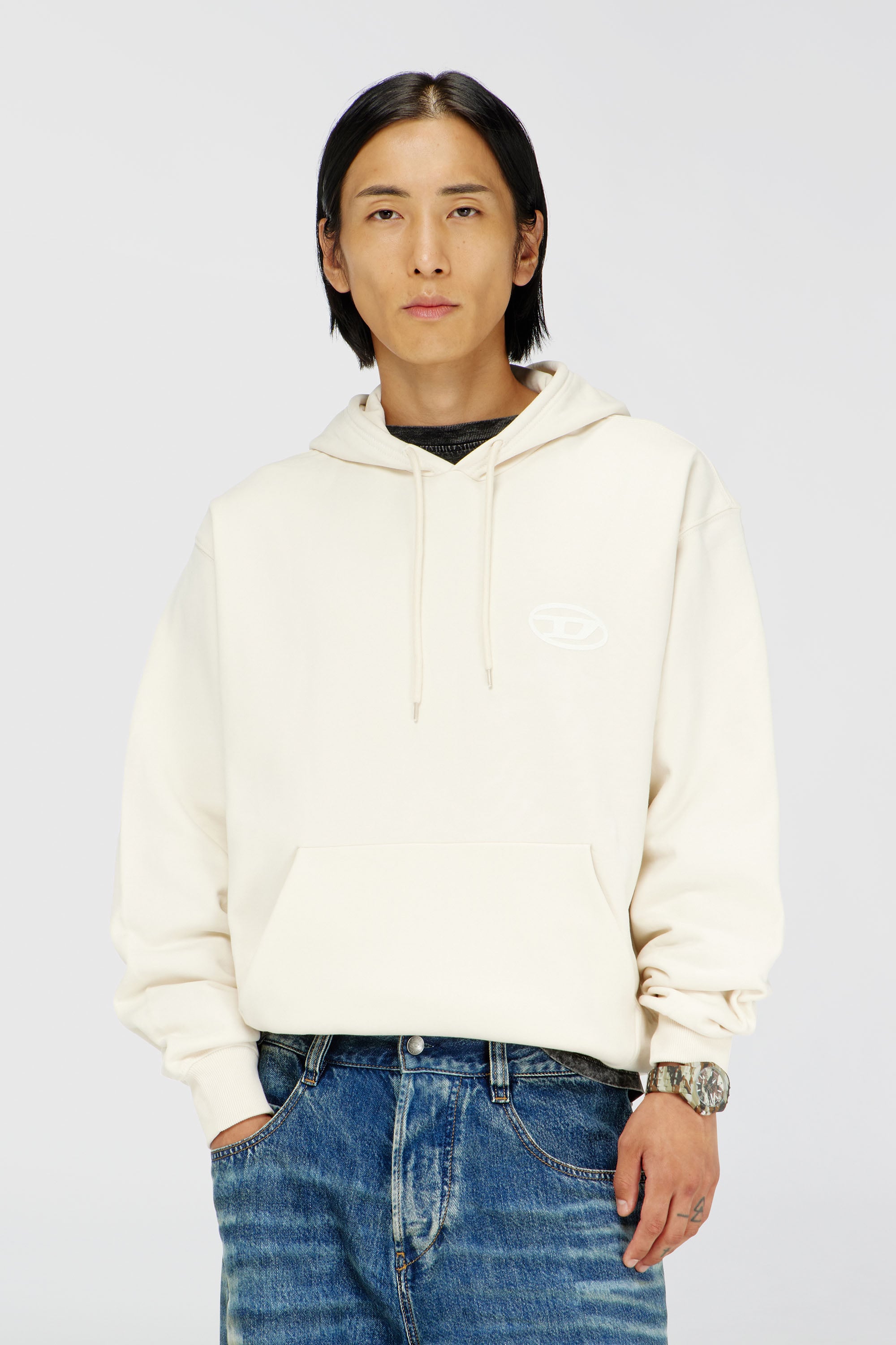 Diesel - S-LUK-H-T92, Sweat &agrave; capuche en coton avec broderie logo Oval D ton sur ton Homme in Blanc - 1