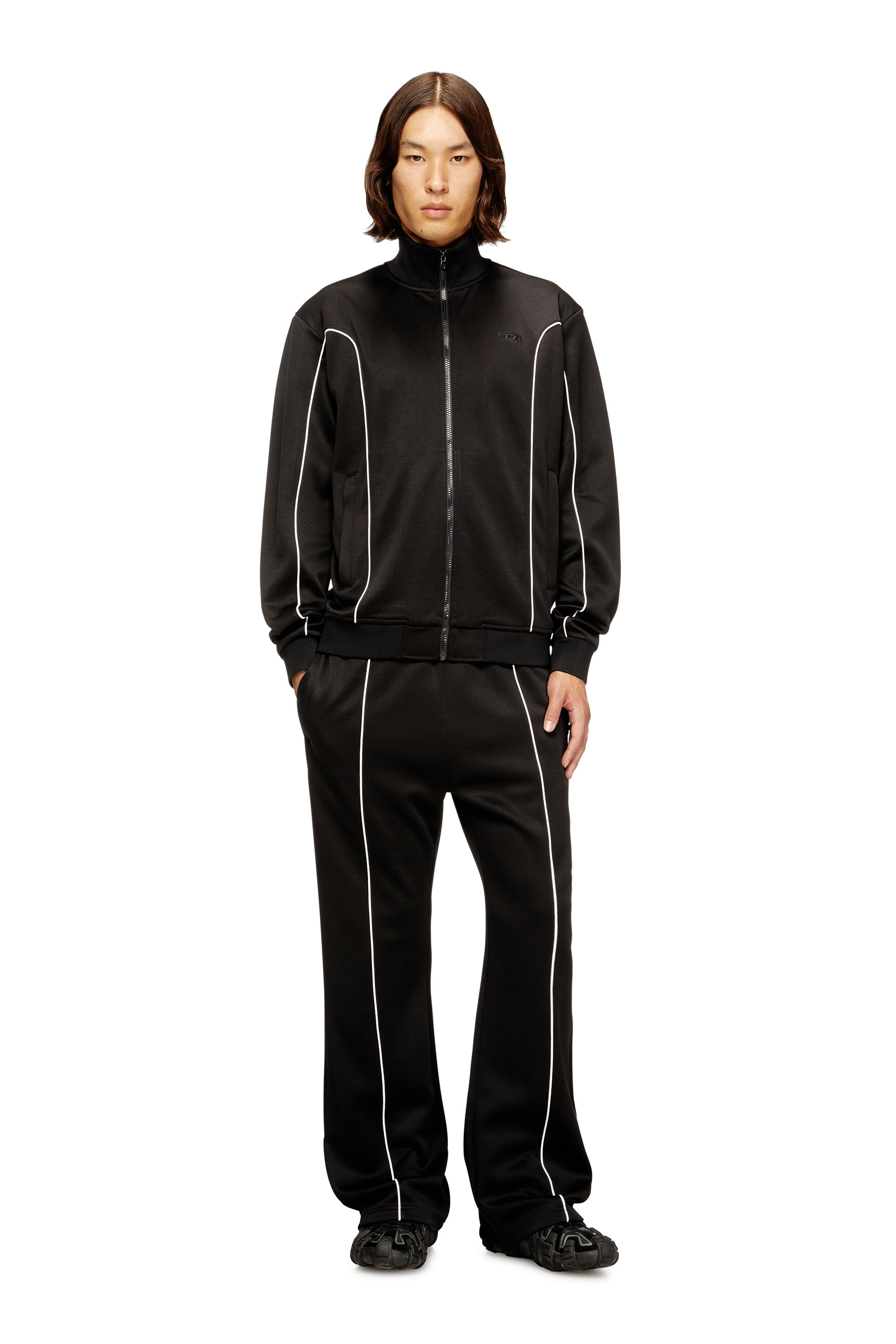 Diesel - S-LOCKING-DO, Veste de survêtement en tissu molletonné avec passepoil contrastant Homme in Noir - 1