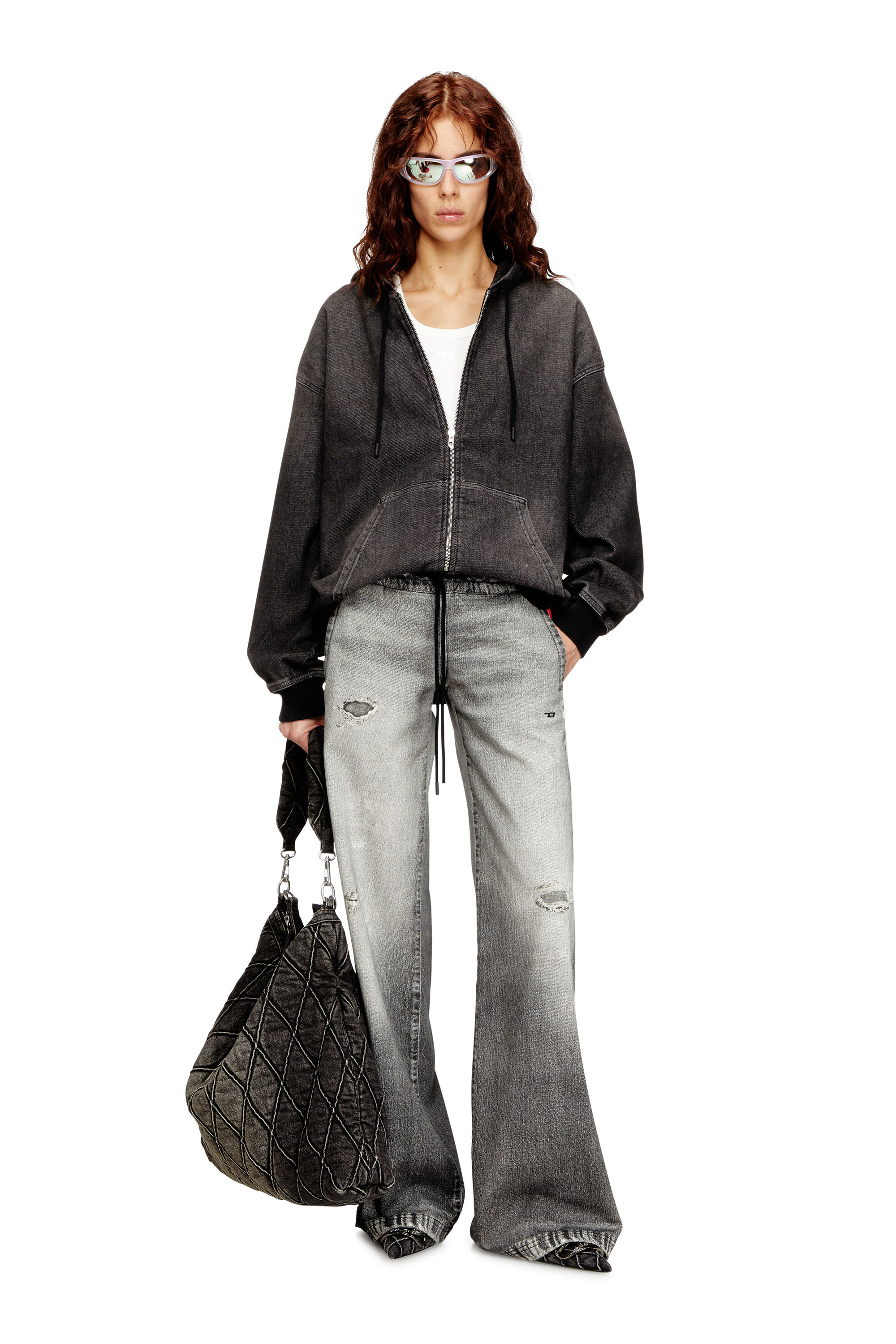 Diesel - D-GIRI-S TRACK, Sweat-shirt à capuche zippé en Track Denim effet sali Mixte in Noir - 6