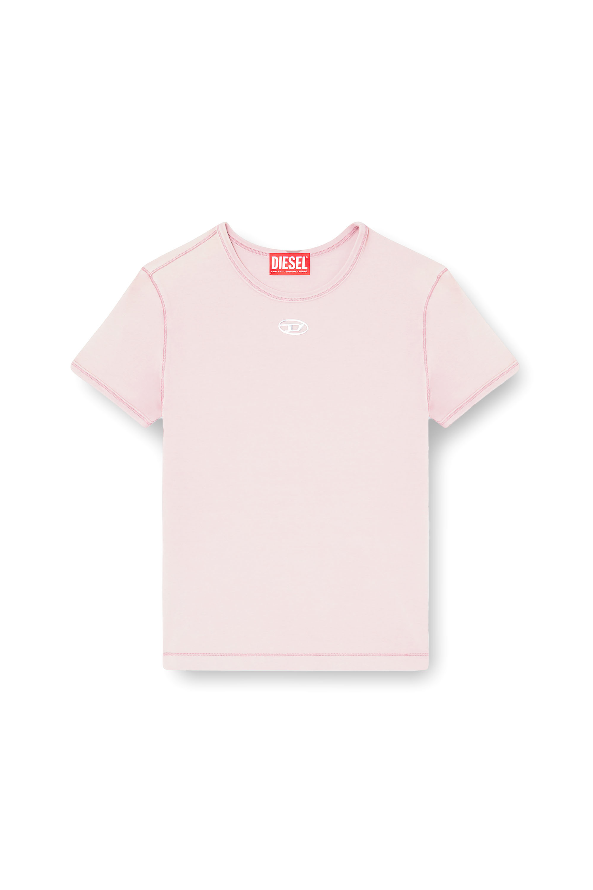 Diesel - T-UNCUTIESLONG-OD, T-shirt ajustée avec ovale D métallique Femme in Rose - 3