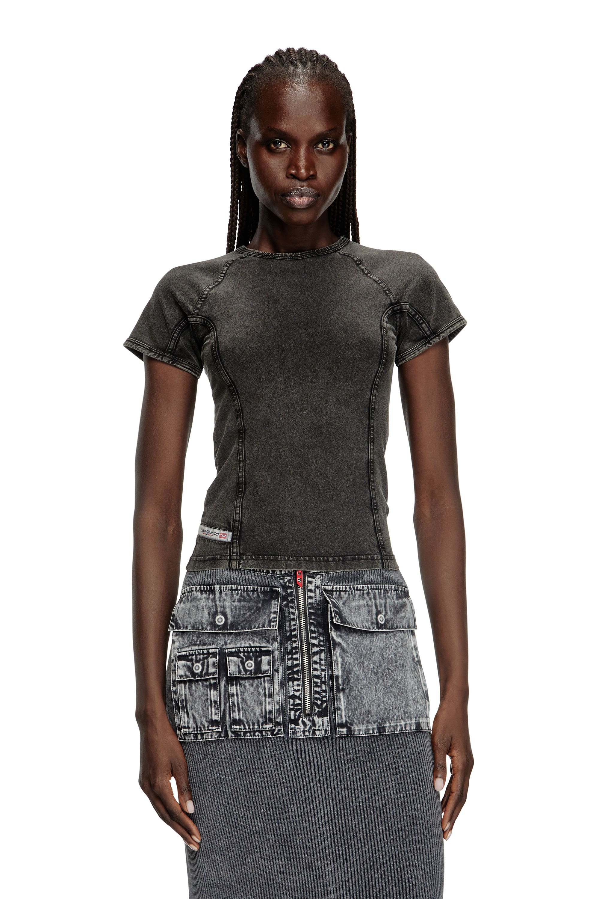 Diesel - T-LYNNE, Top effet denim en jersey stretch Femme in Noir - 1