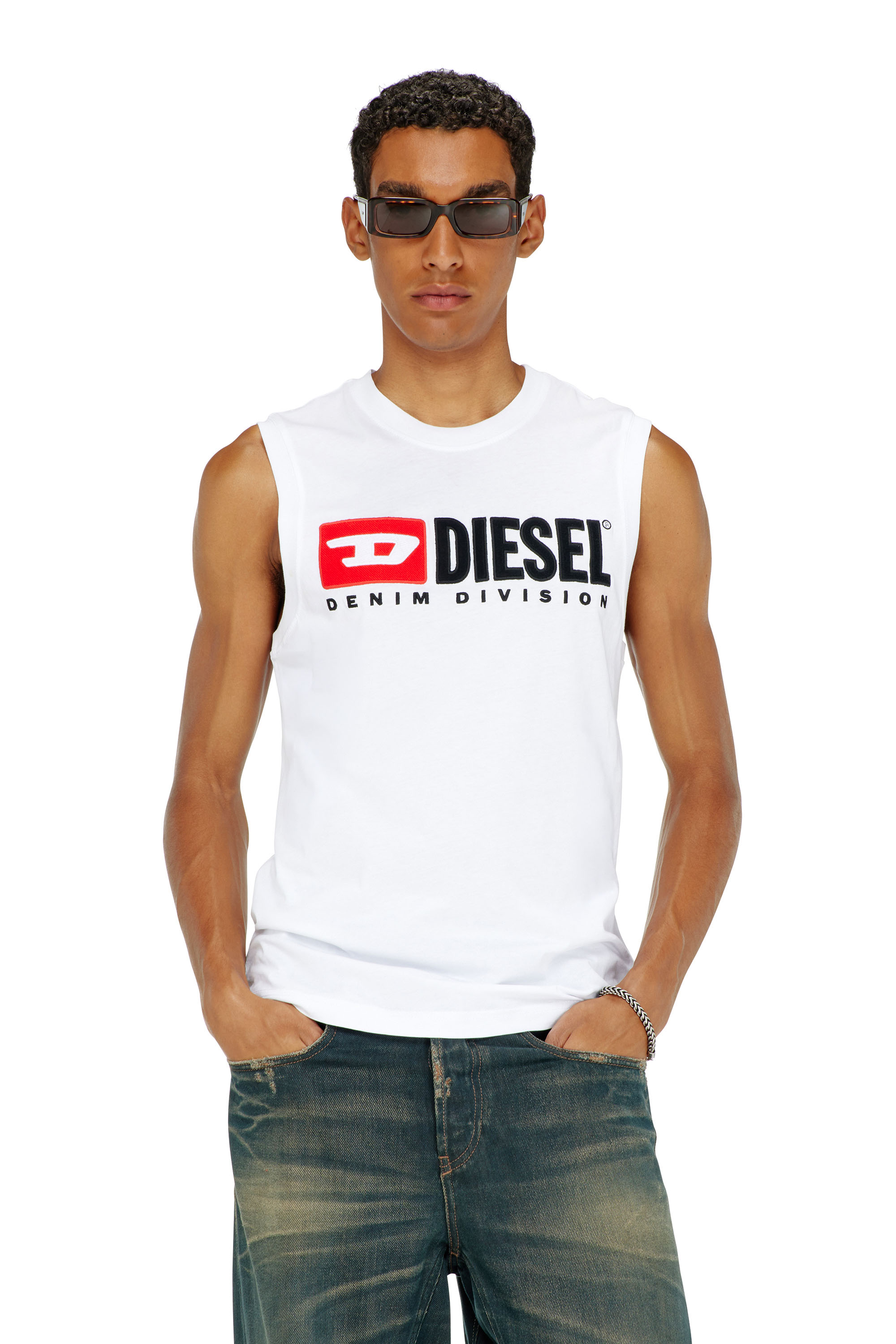 Diesel - T-ISCO-DIV, D&eacute;bardeur avec logo imprim&eacute; sur le devant Homme in Blanc - 3