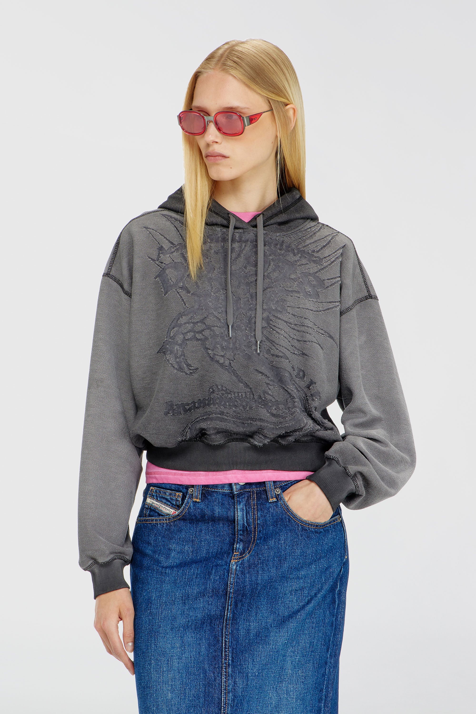 Diesel - F-SUNNY-HOOD, Sweat &agrave; capuche avec imprim&eacute; d&eacute;vor&eacute; Femme in Gris - 1