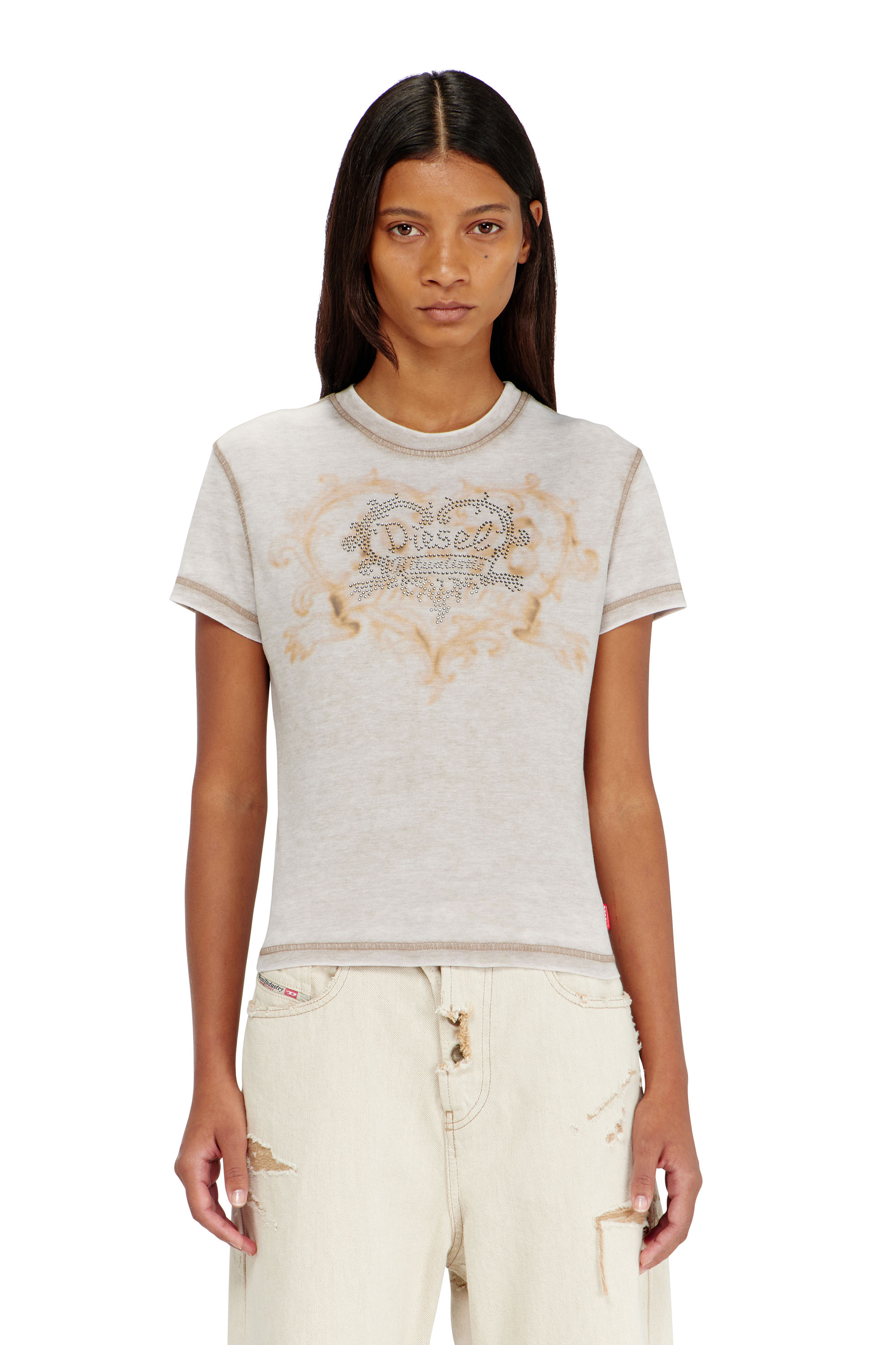 Diesel - T-ILA-AA1, T-shirt en jersey avec strass et burnout effect Femme in Gris - 3