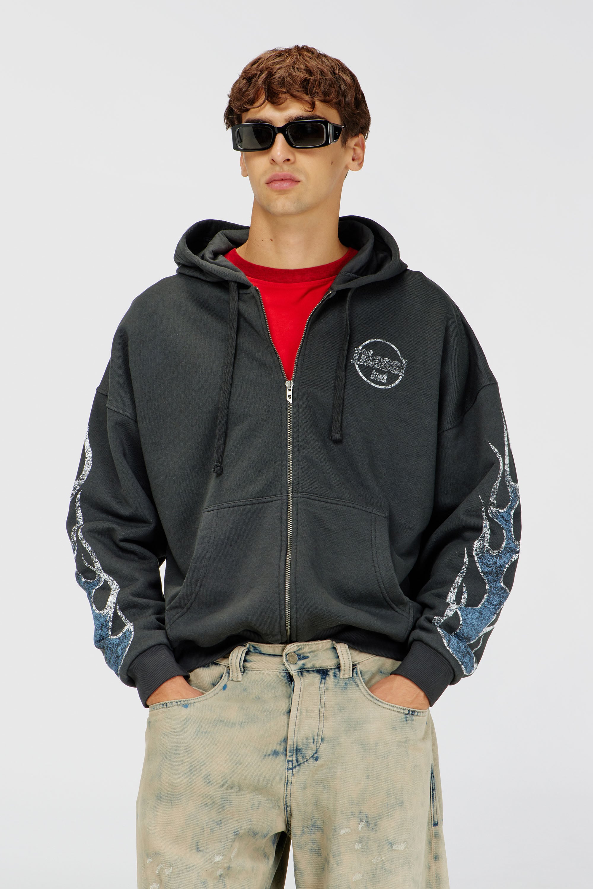 Diesel - S-TOLY-ZIP, Sweat &agrave; capuche zipp&eacute; avec imprim&eacute; craquel&eacute; Homme in Gris - 1