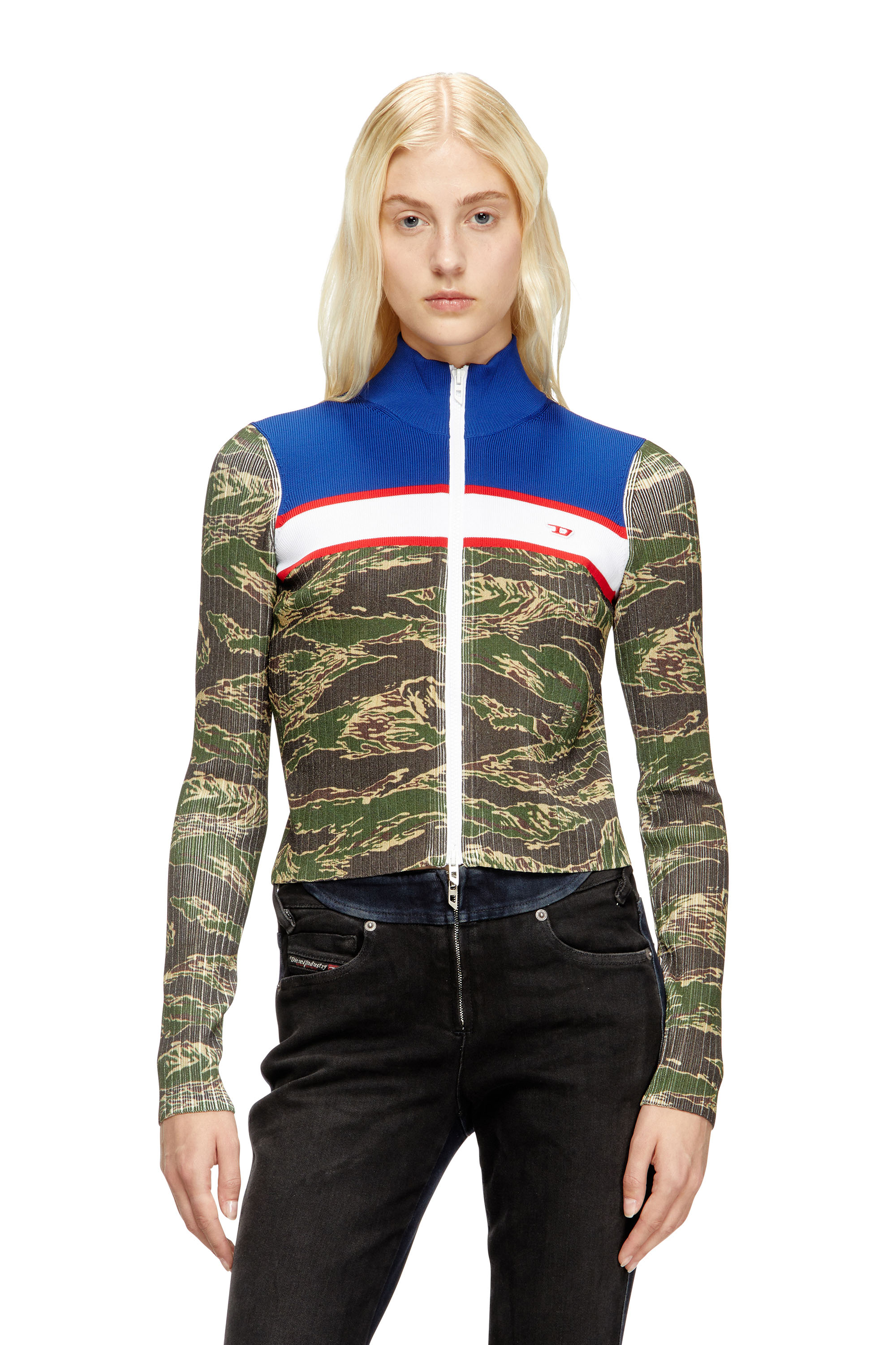 Diesel - M-CAMUT, Pull zippé camouflage en viscose côtelée Femme in Polychrome - 1