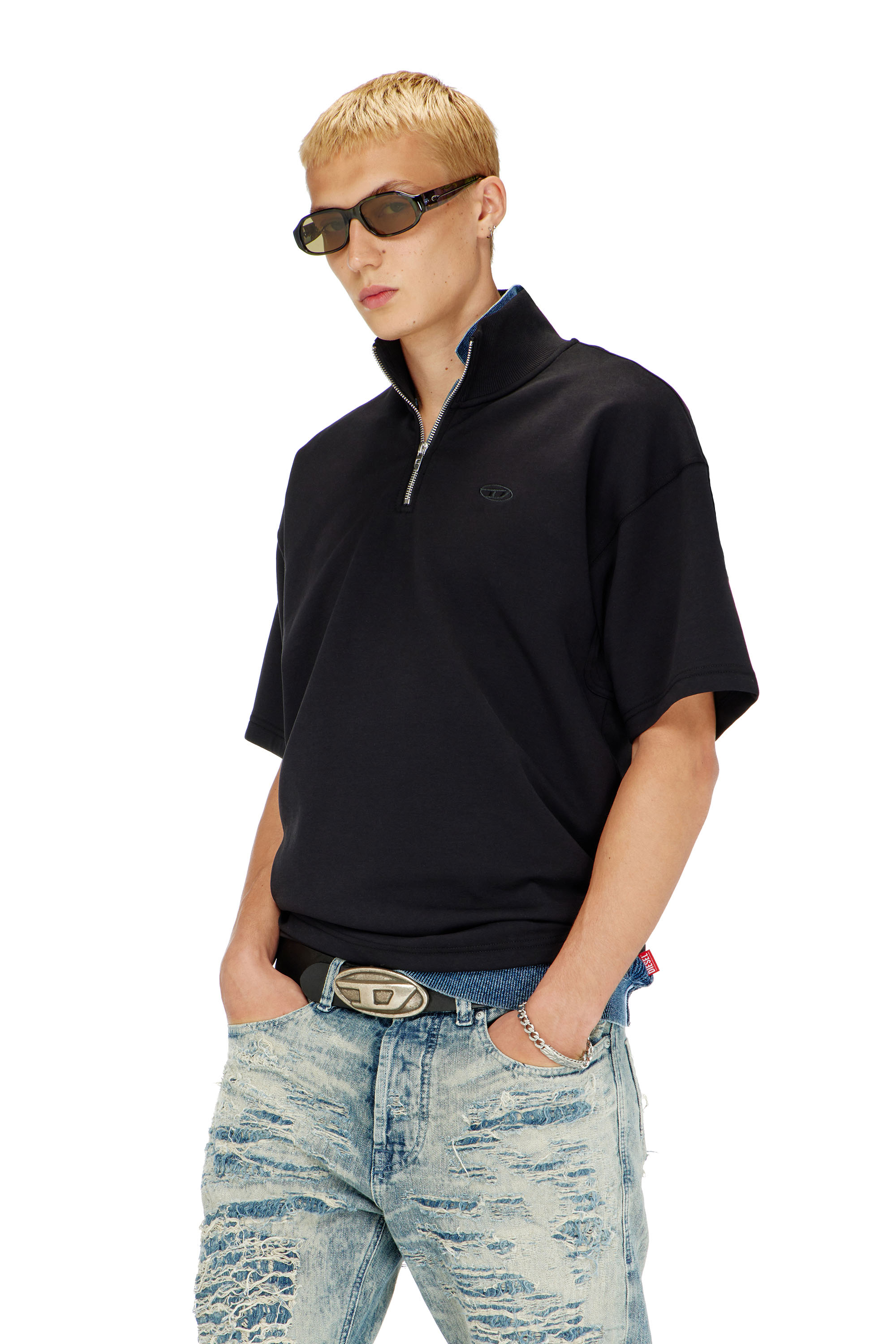 Diesel - S-CUBY, Sweat-shirt &agrave; manches courtes zipp&eacute; en scuba l&eacute;ger Homme in Noir - 1