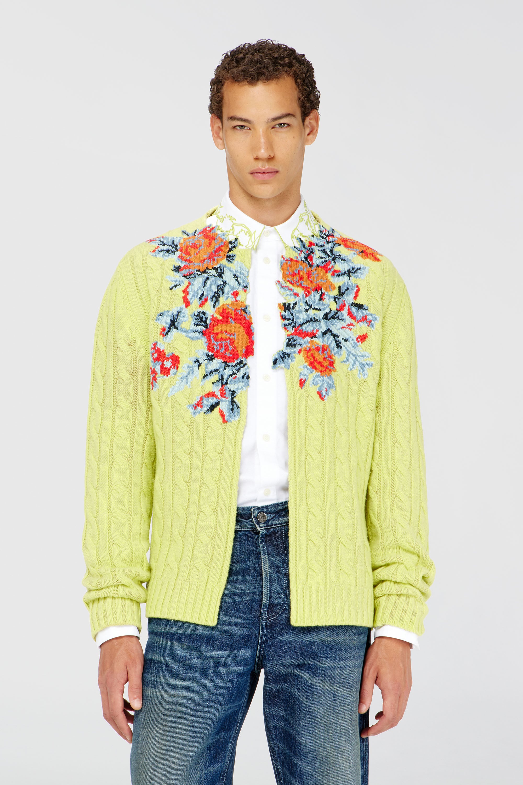 Diesel - K-RINO, Cardigan ouvert en maille torsad&eacute;e &agrave; motif floral Homme in Jaune - 1
