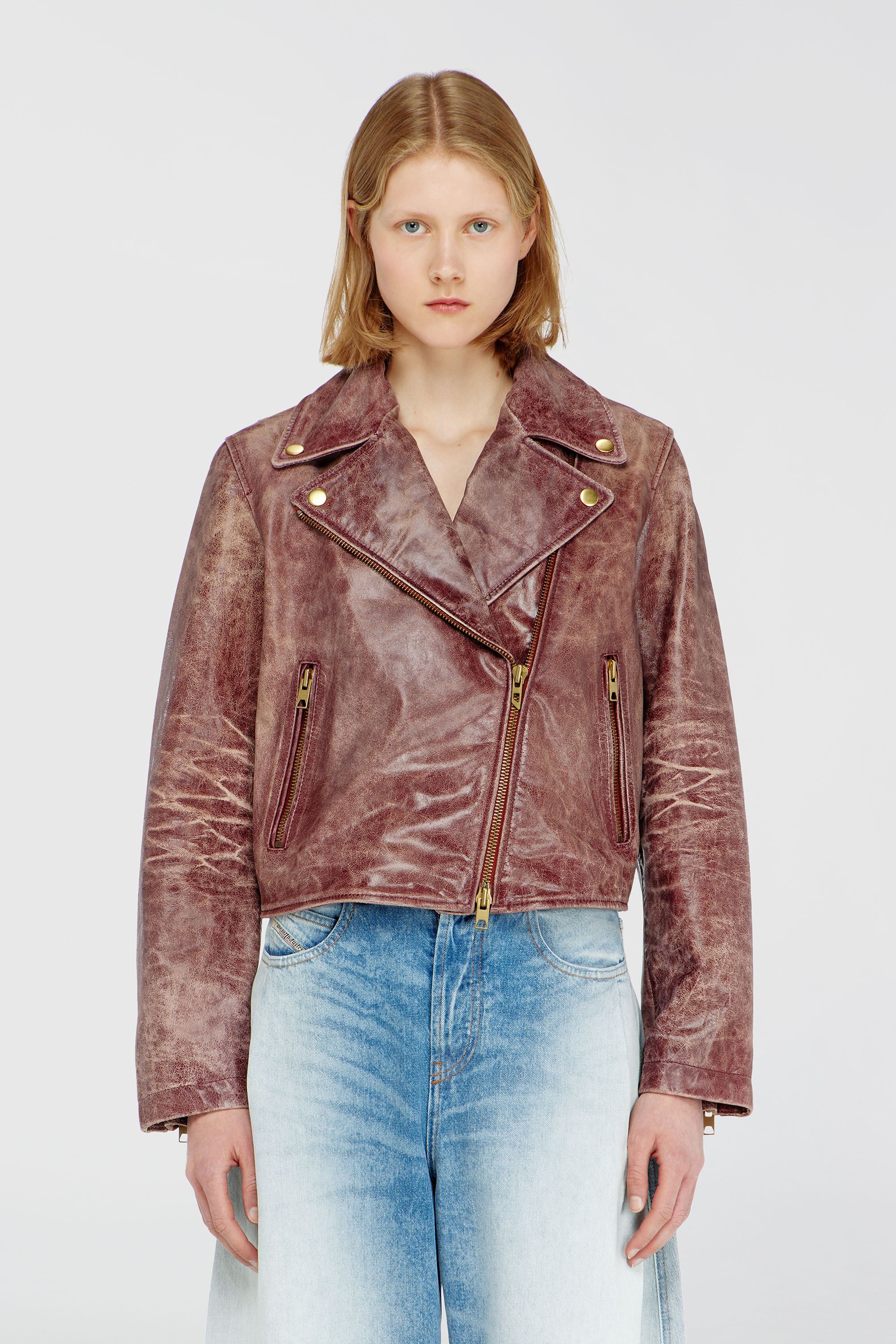 Diesel - L-UNATIC-T1, Veste biker en cuir trait&eacute; Femme in Rouge - 5