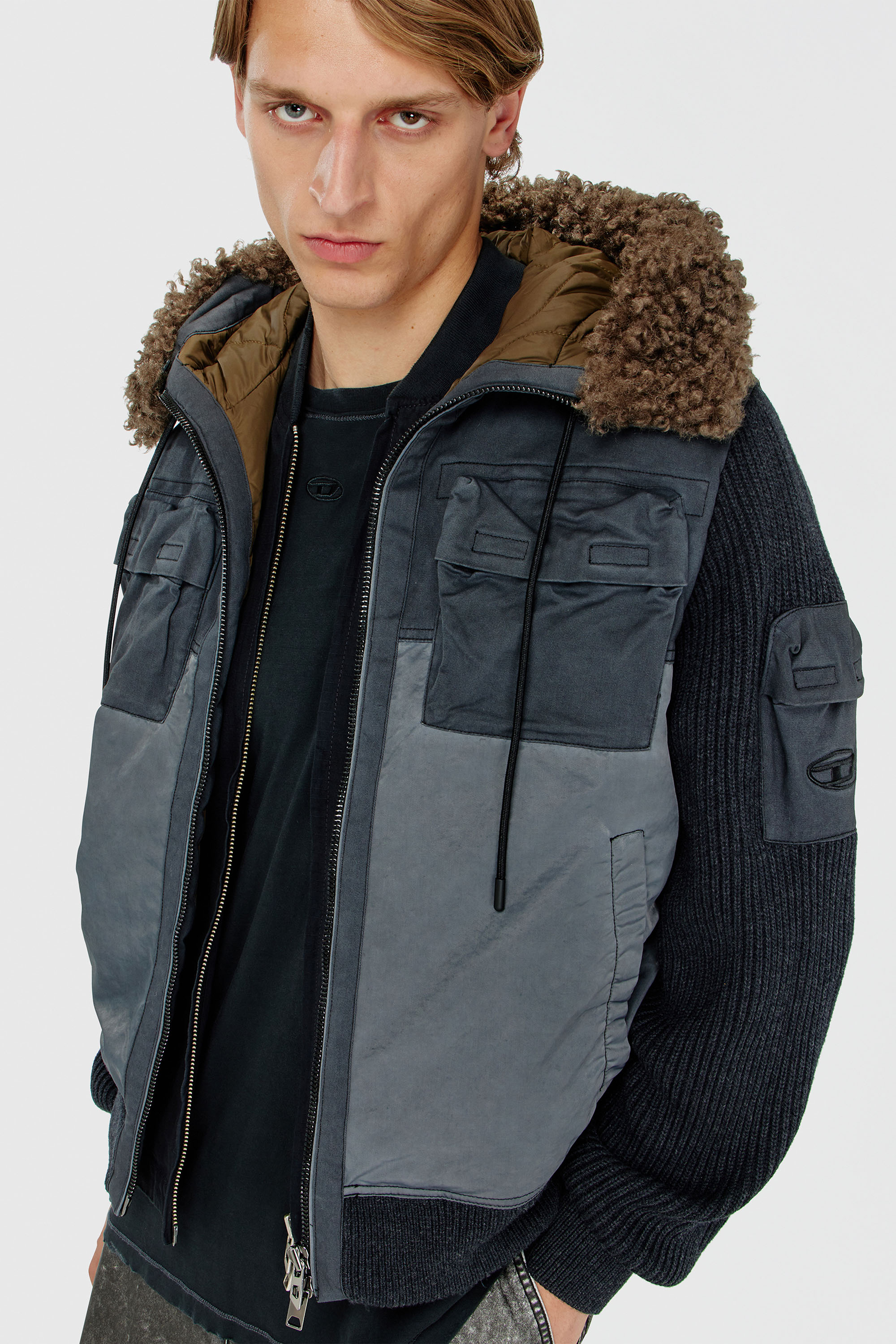 Diesel - W-DELLS, Veste &agrave; capuche matelass&eacute;e avec manches en maille Homme in Bleu - 5