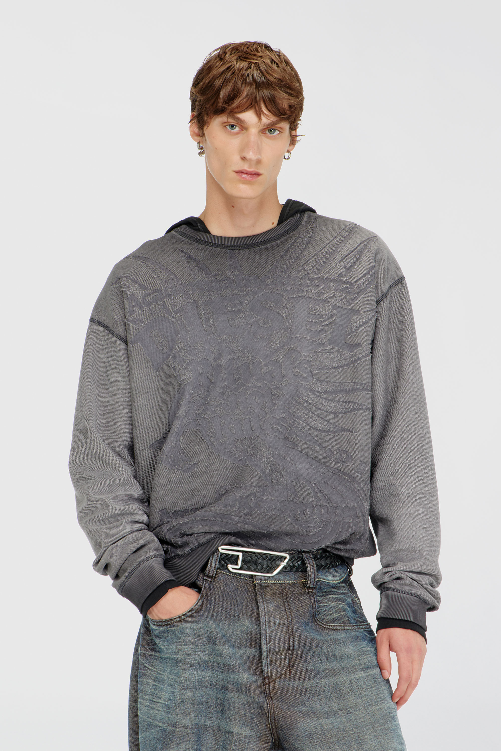 Diesel - S-ARON-RAW, Sweat-shirt avec imprim&eacute; d&eacute;vor&eacute; Homme in Gris - 1