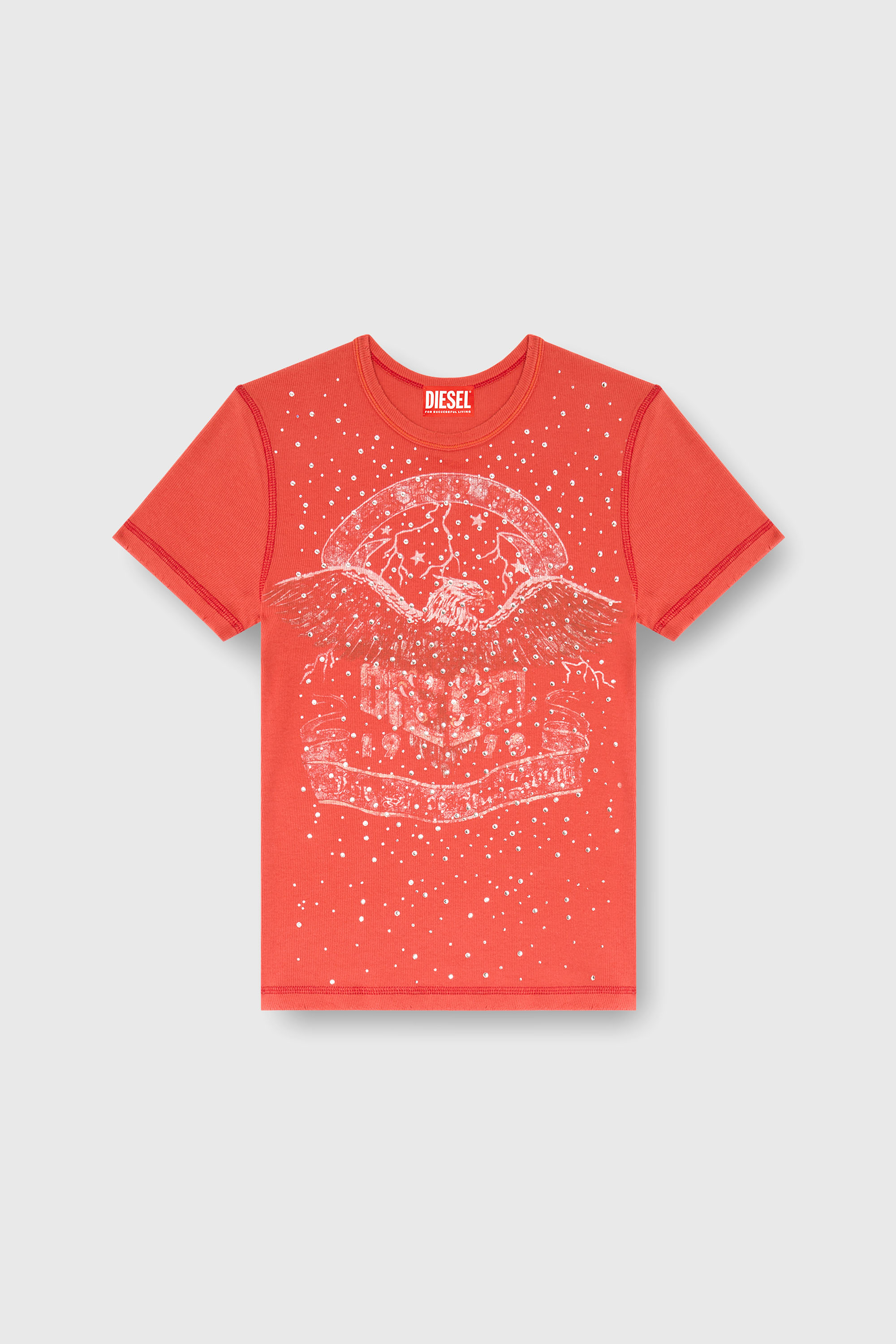 Diesel - T-MARSY-RIB-CRY, T-shirt avec graphismes de concert et cristaux Femme in Rouge - 1