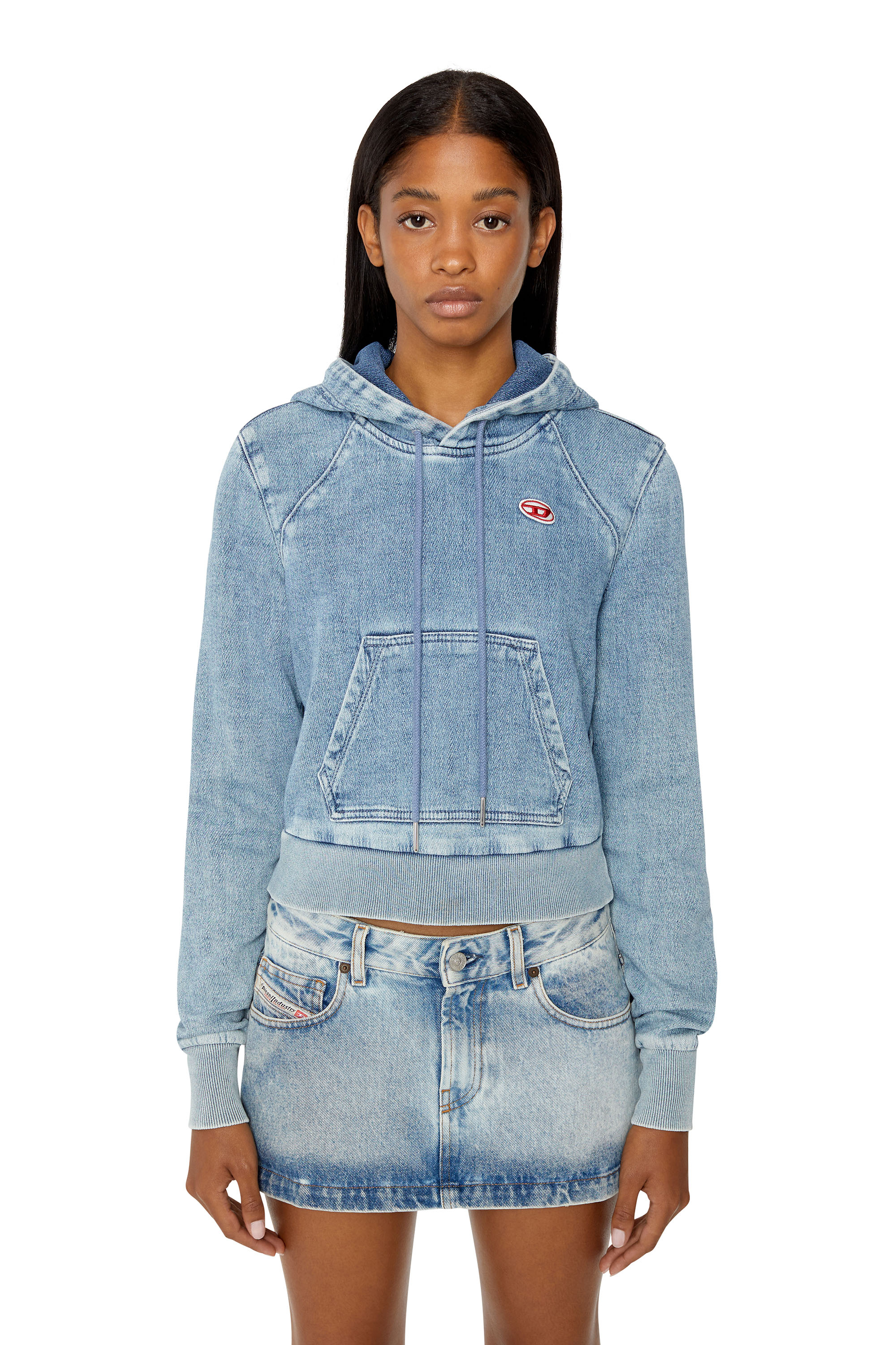 Diesel - D-ANGY TRACK DENIM HOODIE, Sweat-shirt &agrave; capuche cropped en Track Denim Femme in Bleu - 3