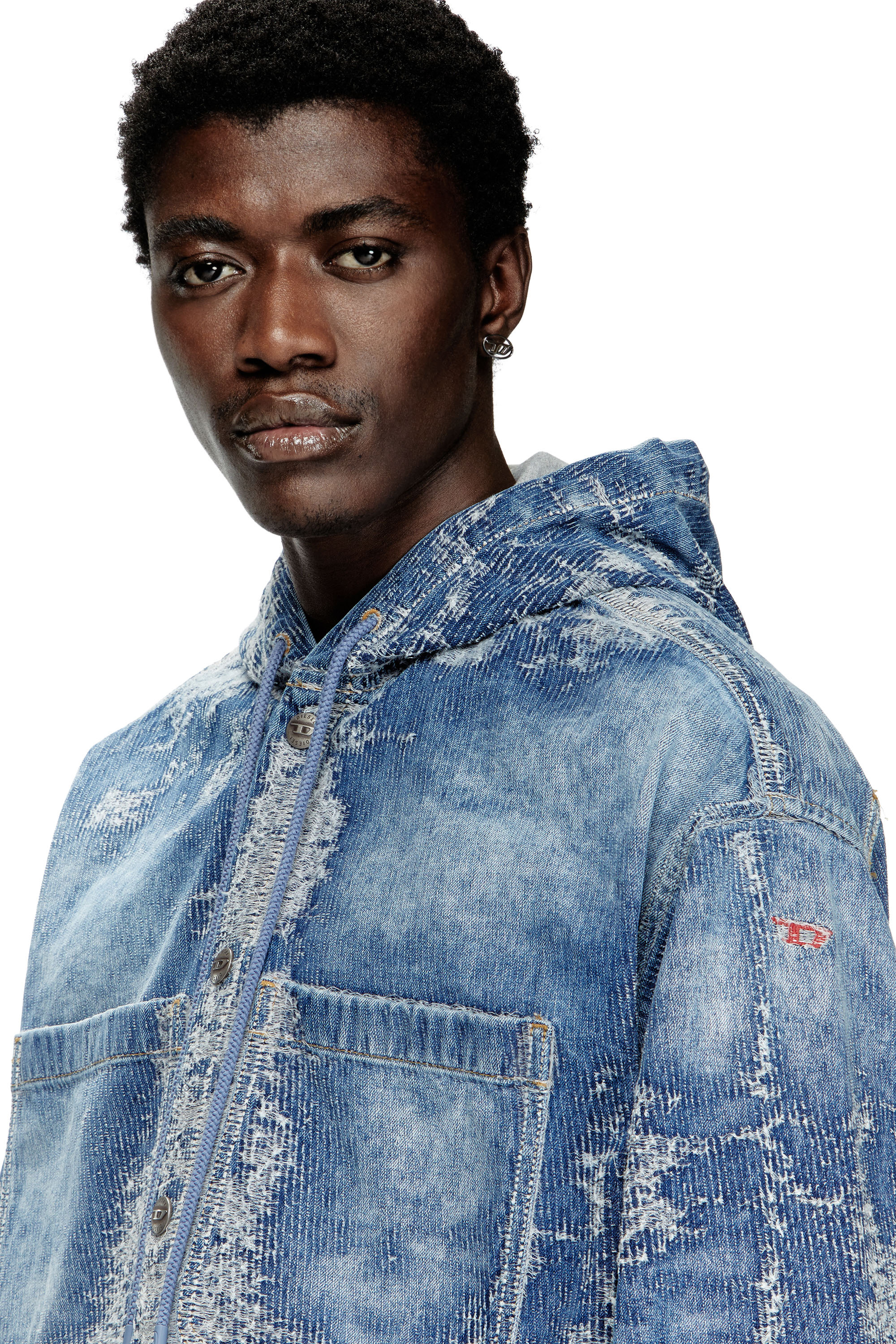 Diesel - D-DEWNYS-HOOD-S, Surchemise en denim jacquard effet vieilli Homme in Bleu - 5