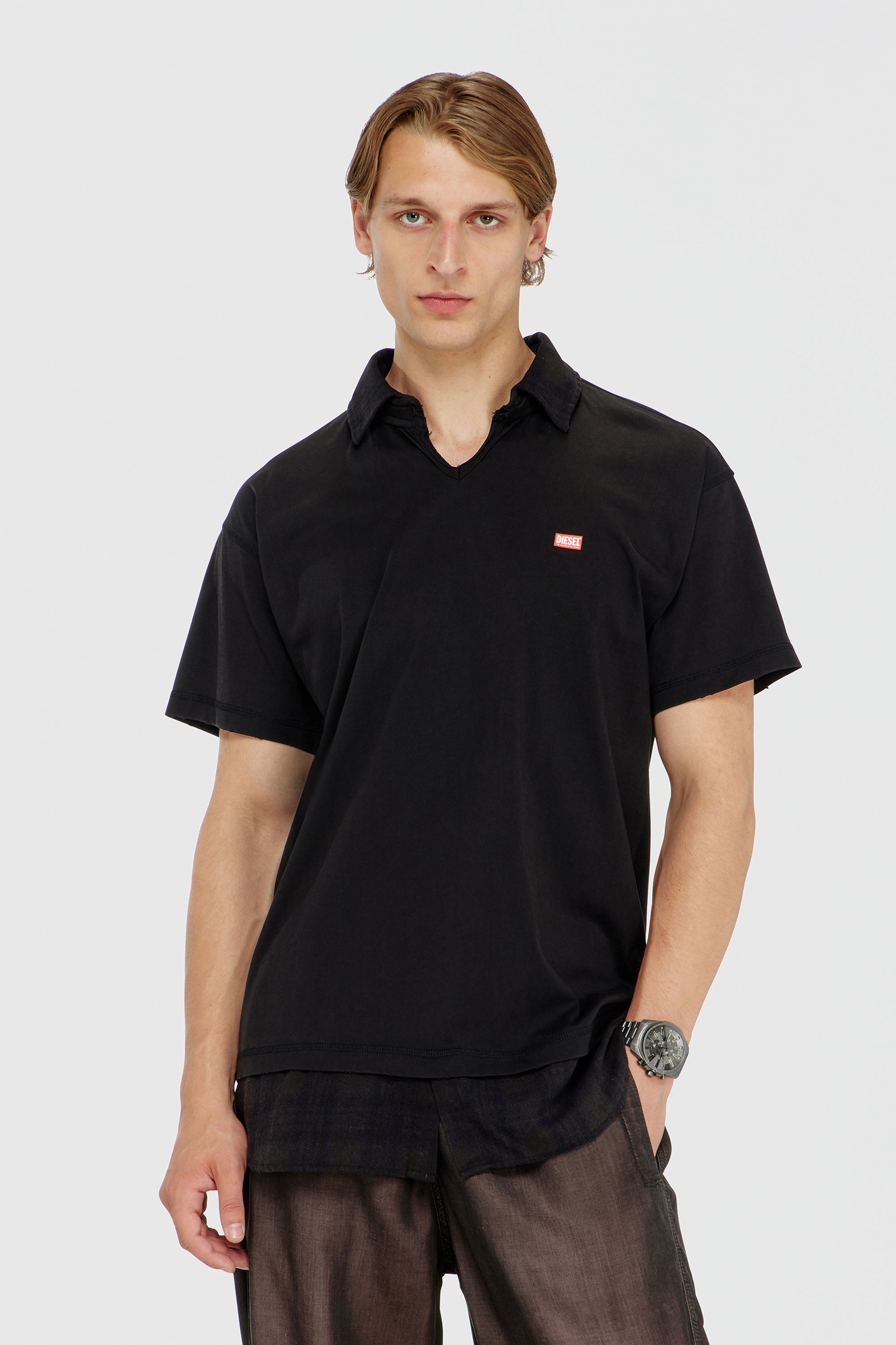 Diesel - T-ANSEL, Polo en jersey avec finitions en flanelle &agrave; carreaux Homme in Noir - 1