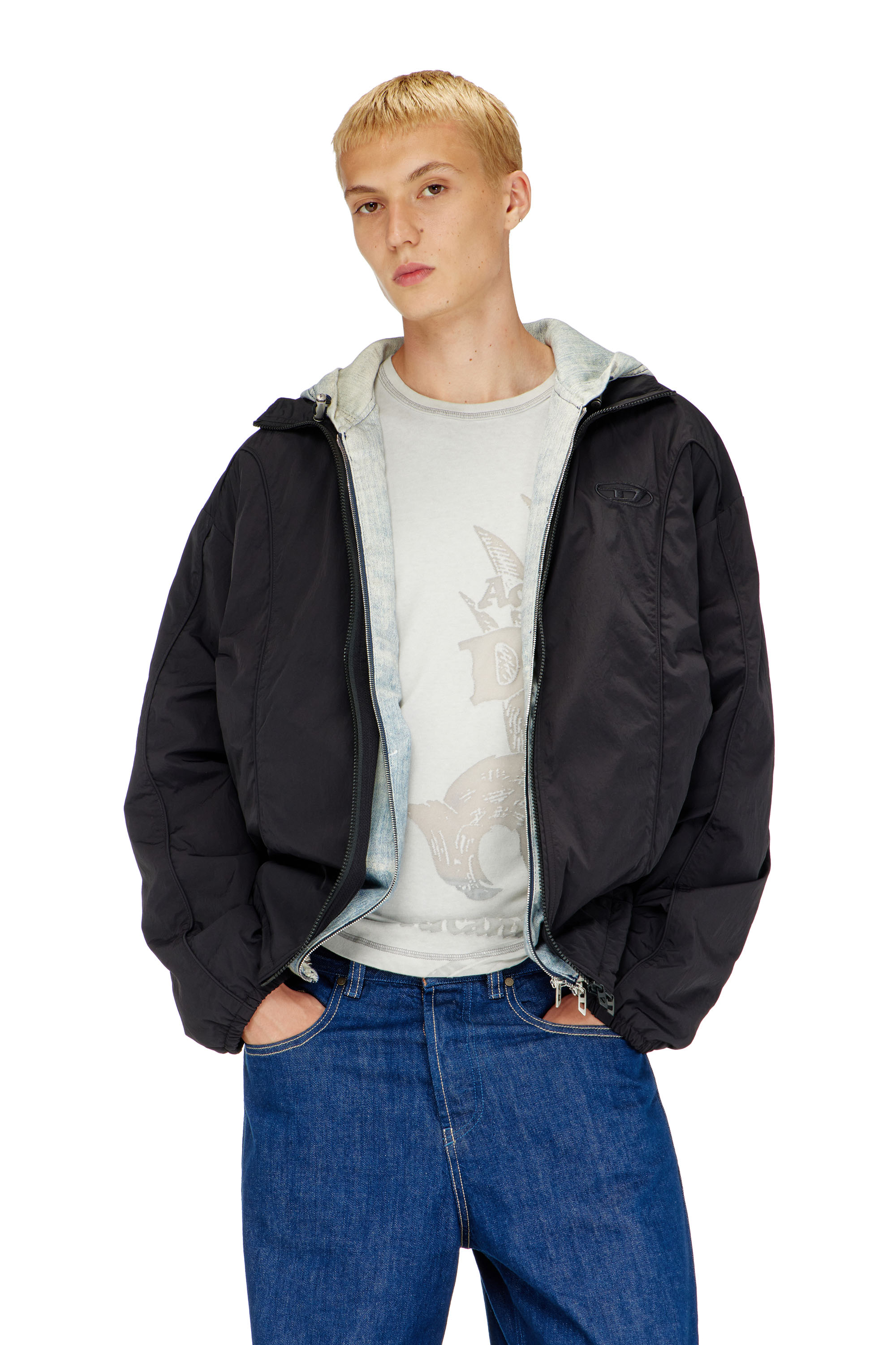 Diesel - J-FIVE-WRD-AKAD, Veste en nylon froiss&eacute; avec passepoil Homme in Noir - 3