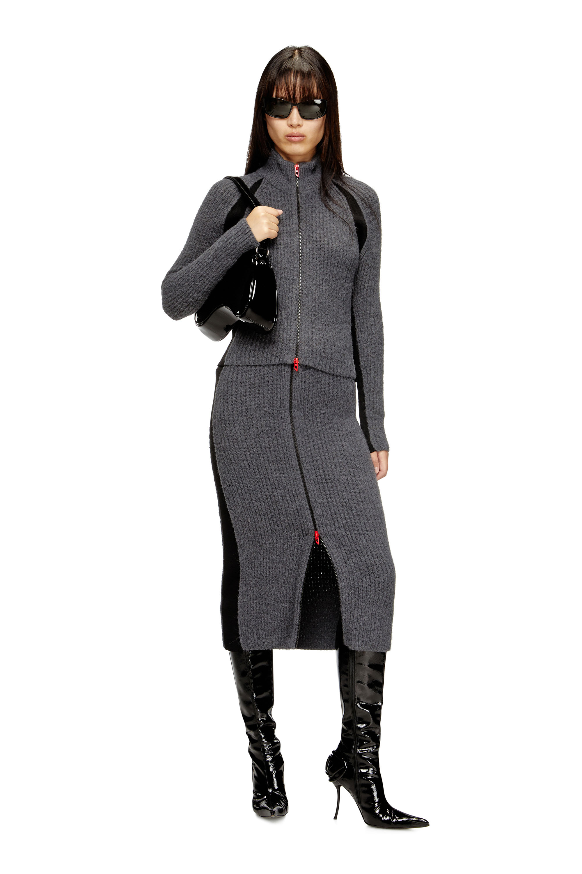 Diesel - M-LOUISE, Cardigan en mélange d'alpaga avec inserts contrastants Femme in Gris - 1