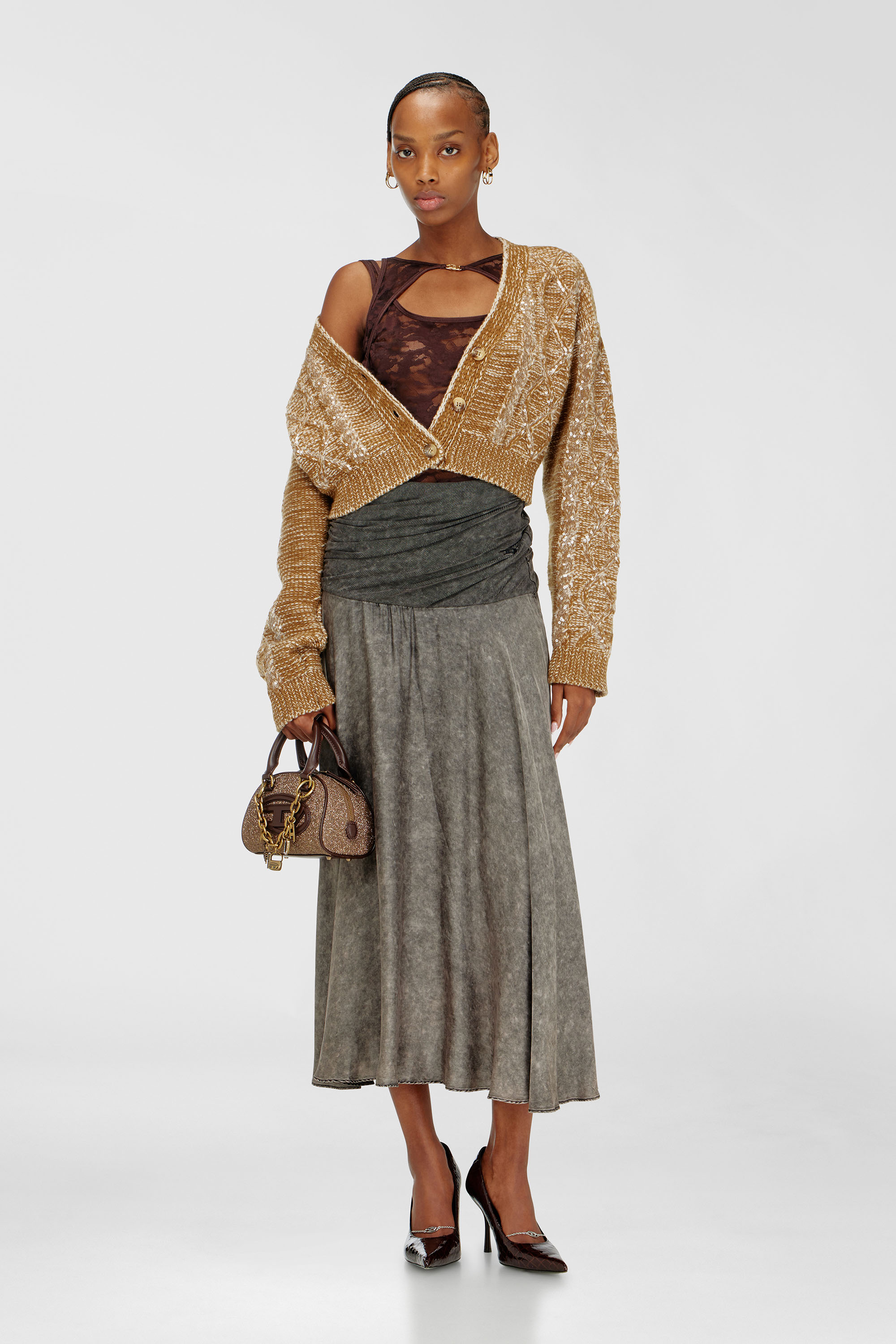 Jupe midi avec section de taille torsad&eacute;e