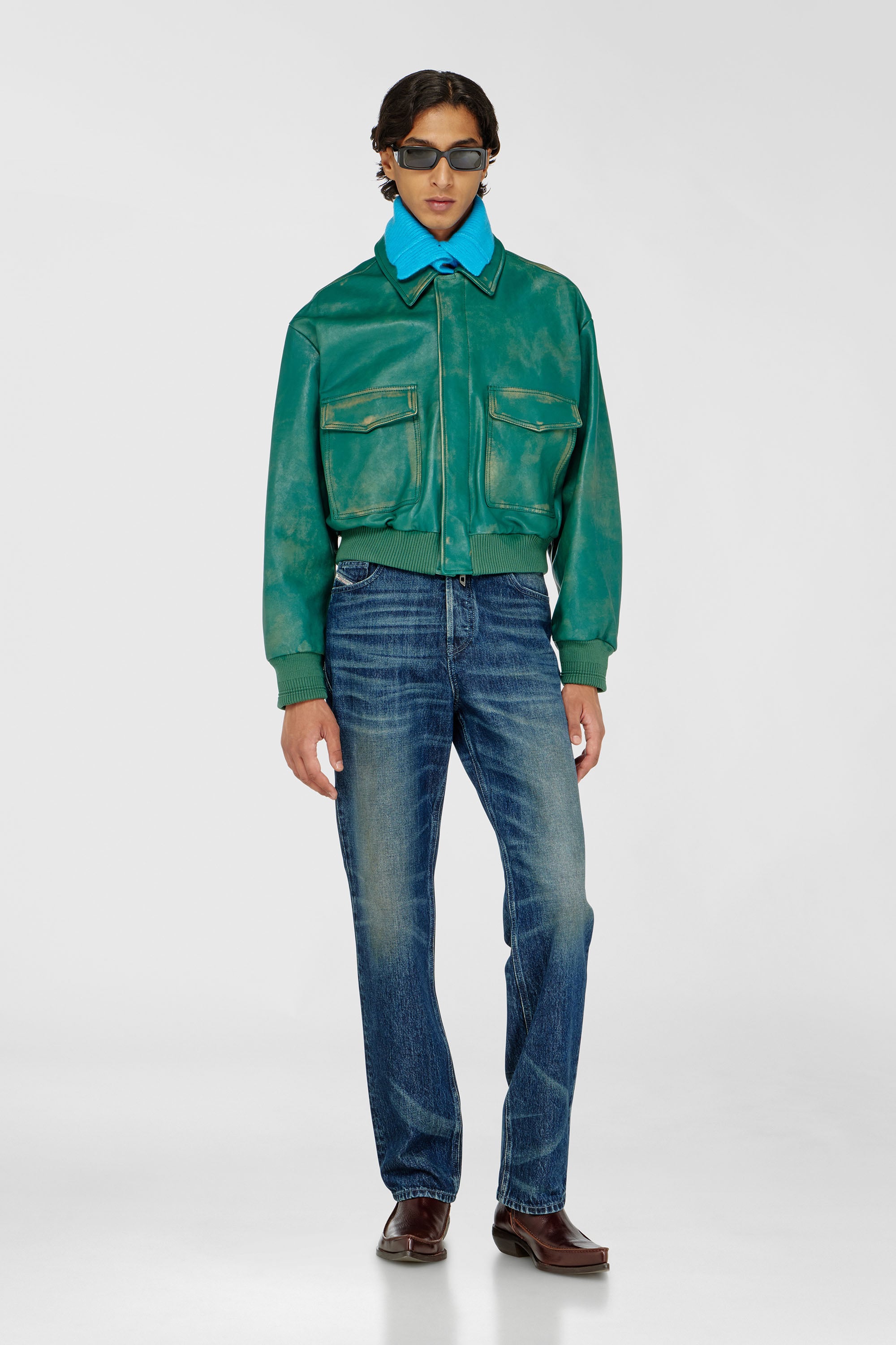 Diesel - L-UMAN, Blouson aviateur en cuir trait&eacute; Homme in Vert - 2
