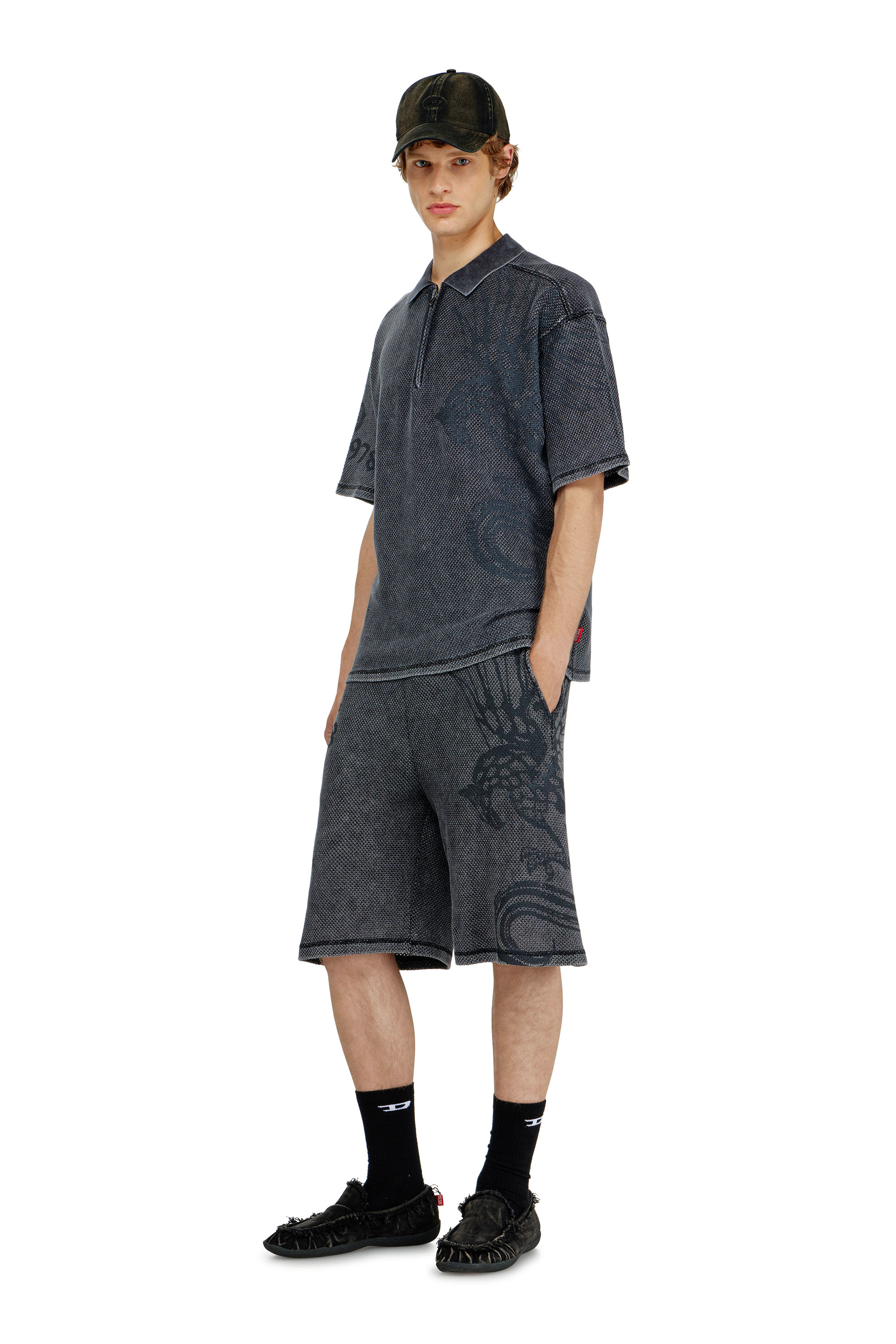 Diesel - T-ERRY-ZIP, Polo en mesh jacquard avec imprim&eacute; Phoenix Homme in Gris - 1