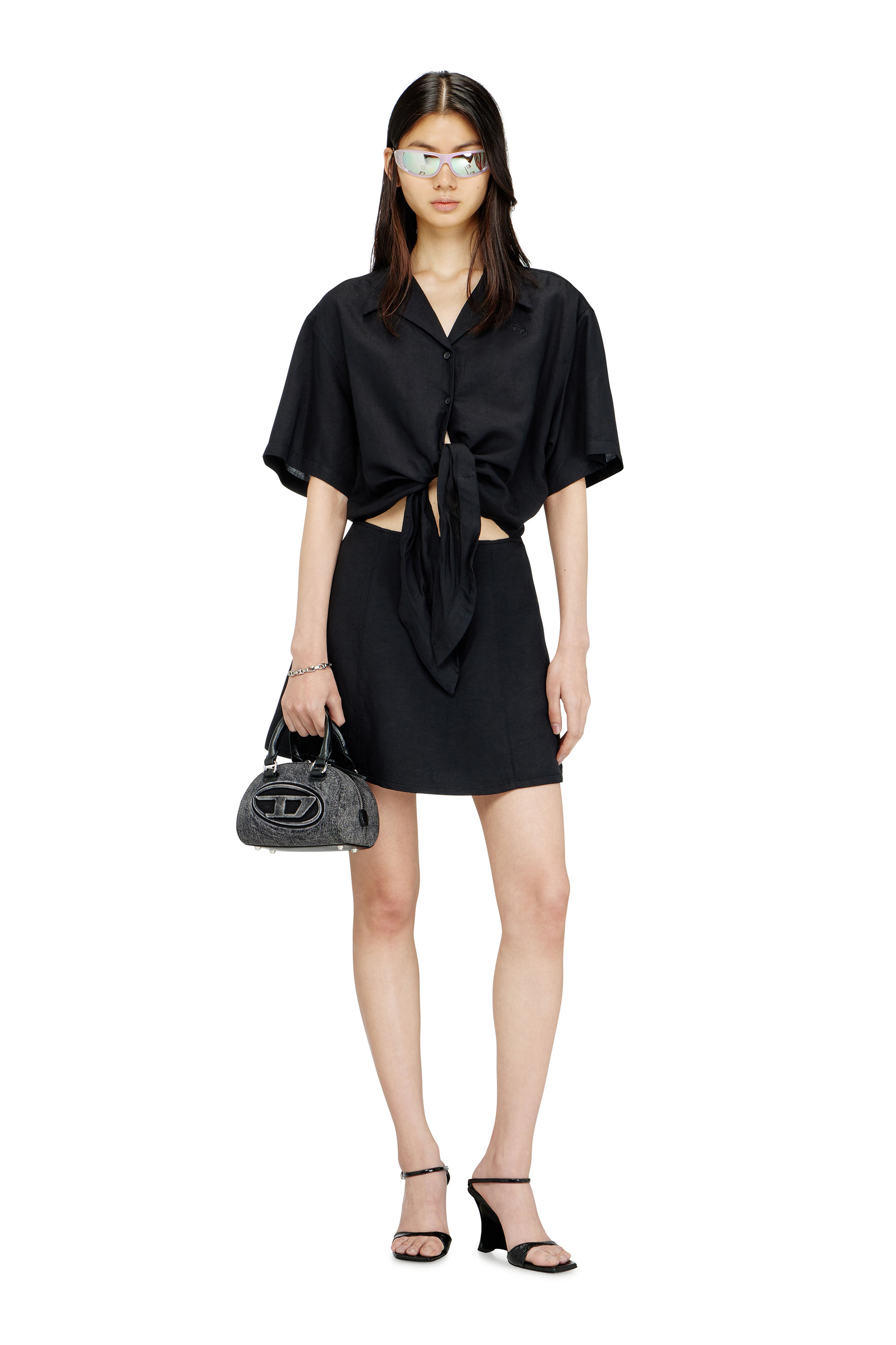 Diesel - D-STALL, Robe courte en m&eacute;lange de lin avec n&oelig;ud &agrave; la taille Femme in ToBeDefined - 1