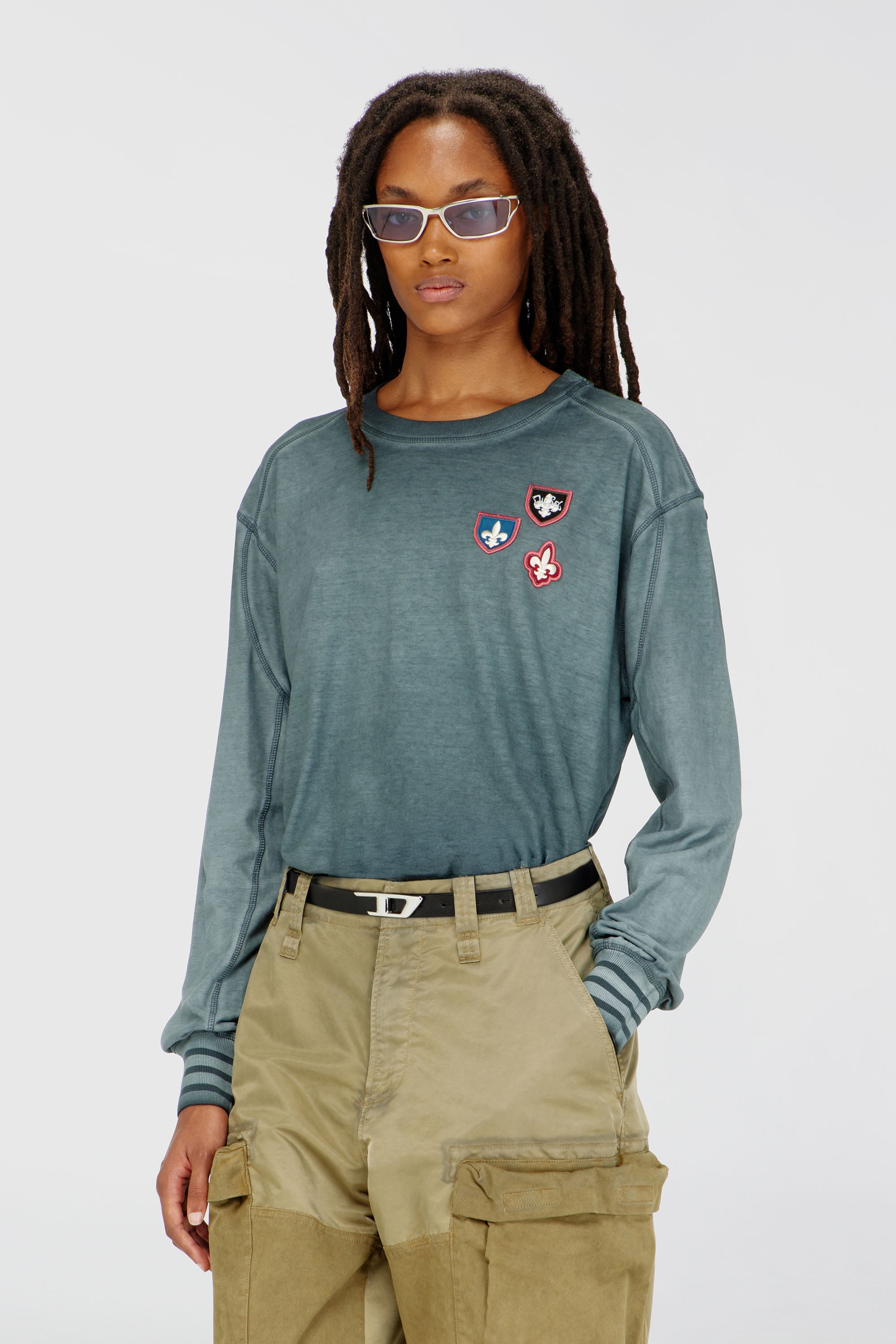 Diesel - T-BAWYE-LS, T-shirt avec patchs et empi&egrave;cements micro-waffle Femme in Vert - 1