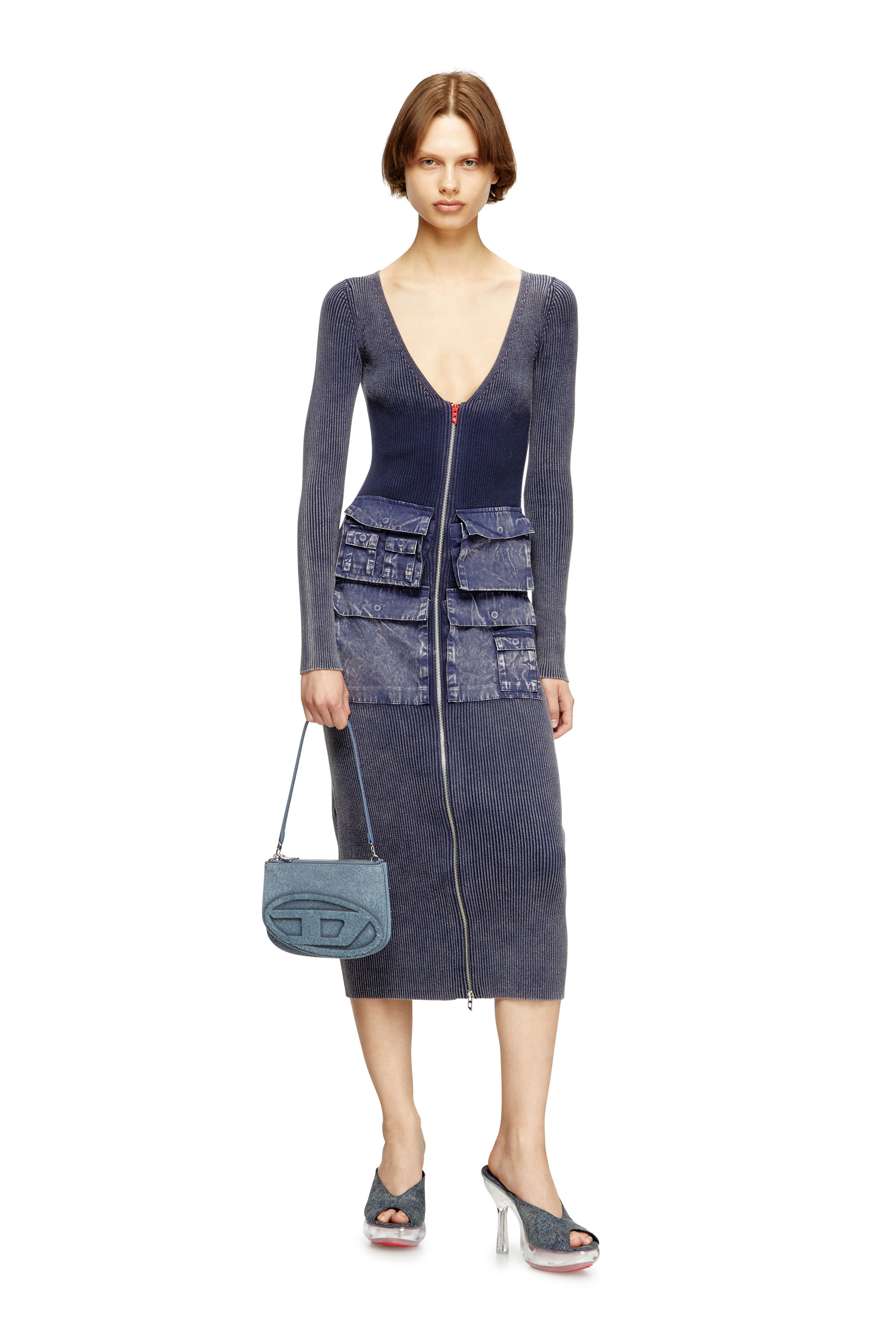 Diesel - M-MELTI-LS, Robe midi côtelée avec traitement denim Femme in Bleu - 1