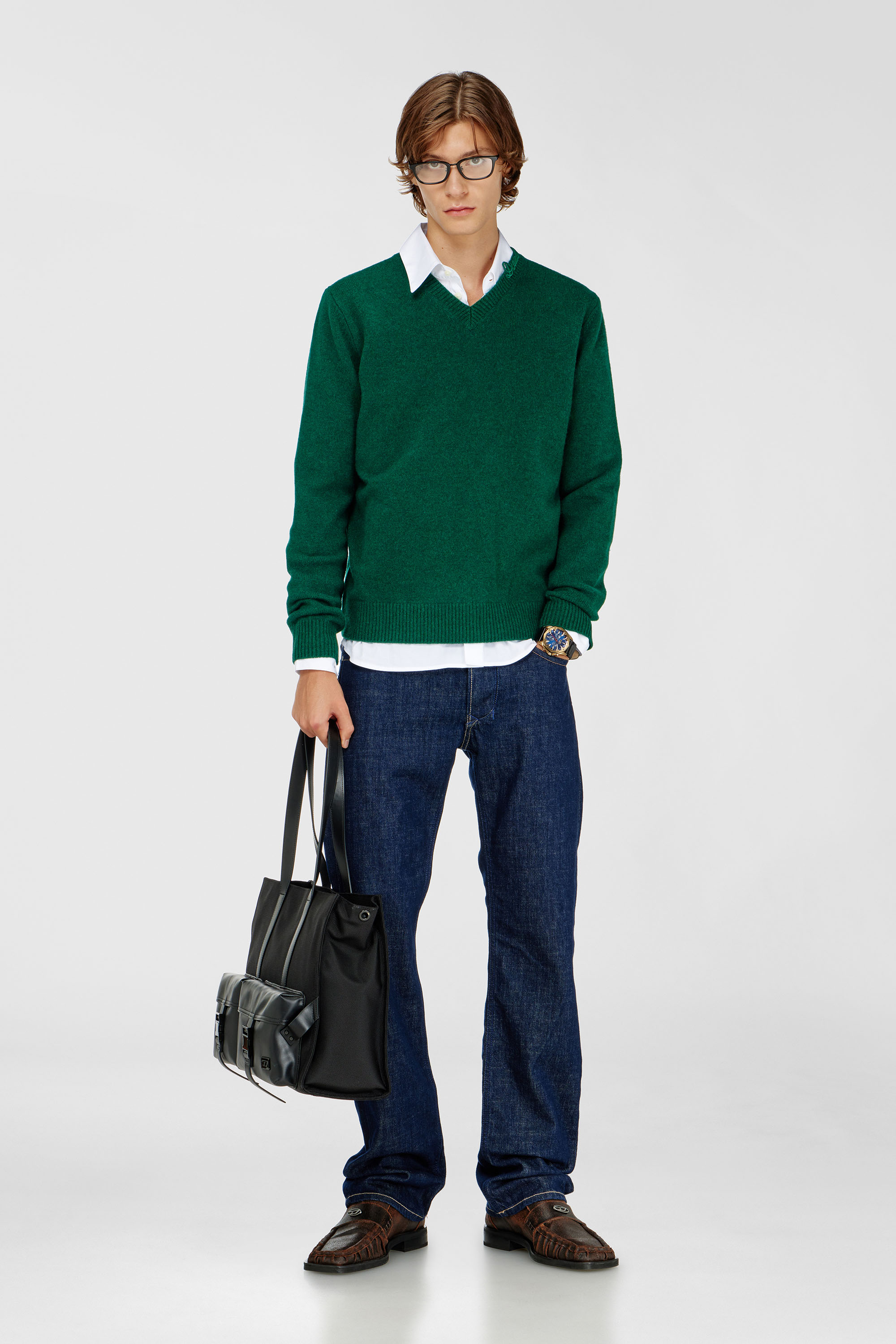 Diesel - K-IMER, Pull en laine col V avec logo sur le col Homme in Vert - 2